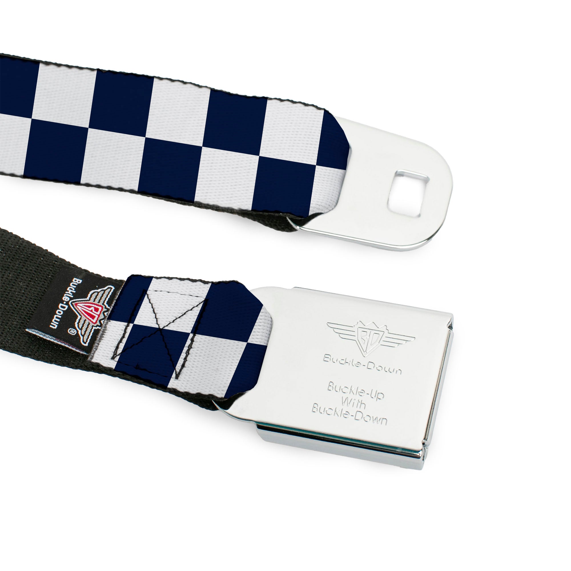 BD Wings Logo CLOSE-UP Full Color Black Silver Seatbelt Belt - Checker Midnight Blue/White Webbing Seatbelt Belts Buckle-Down