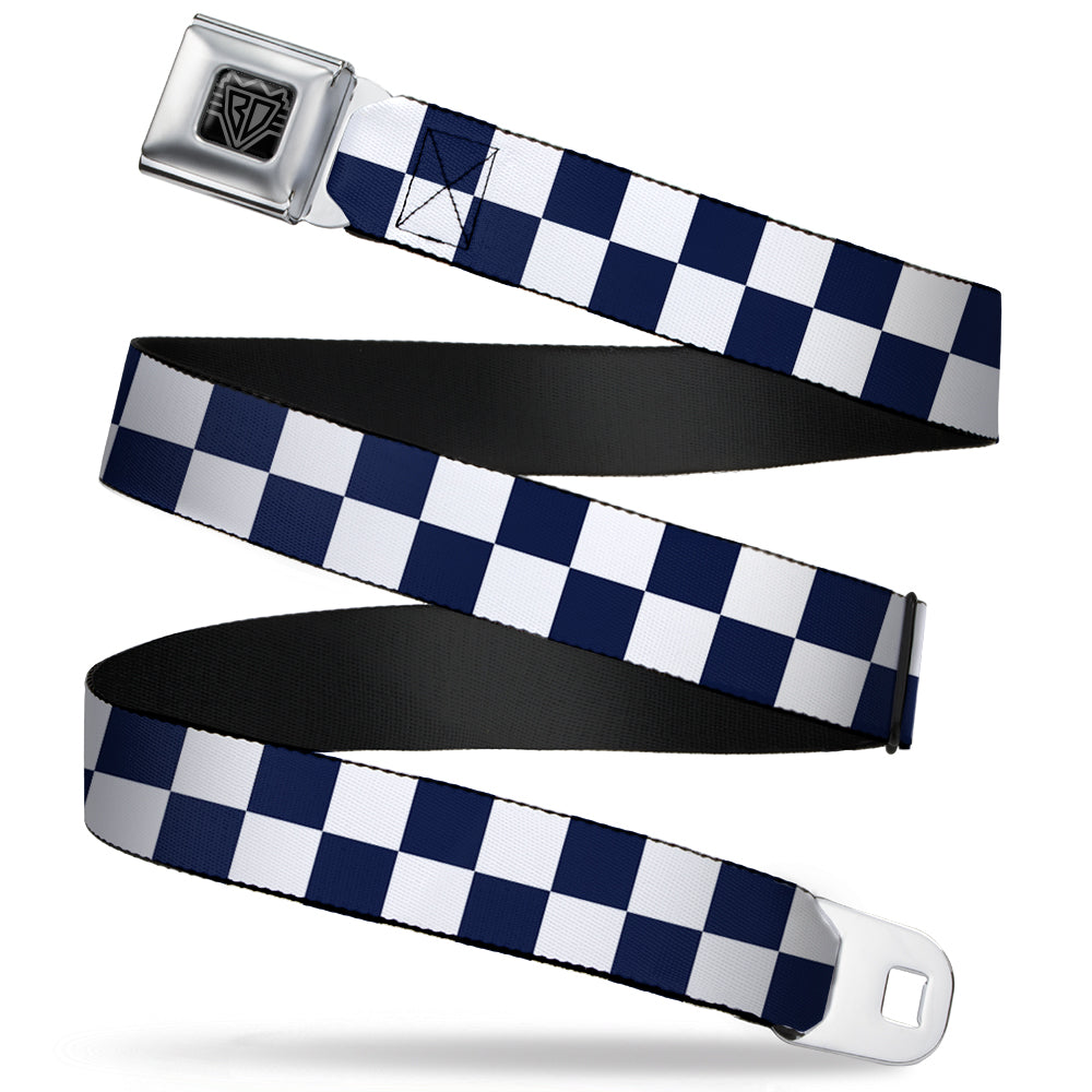 BD Wings Logo CLOSE-UP Full Color Black Silver Seatbelt Belt - Checker Midnight Blue/White Webbing Seatbelt Belts Buckle-Down