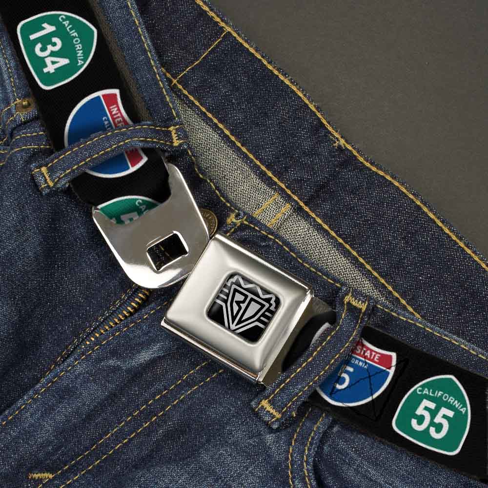 BD Wings Logo CLOSE-UP Full Color Black Silver Seatbelt Belt - California Highway Signs Black Webbing Seatbelt Belts Buckle-Down