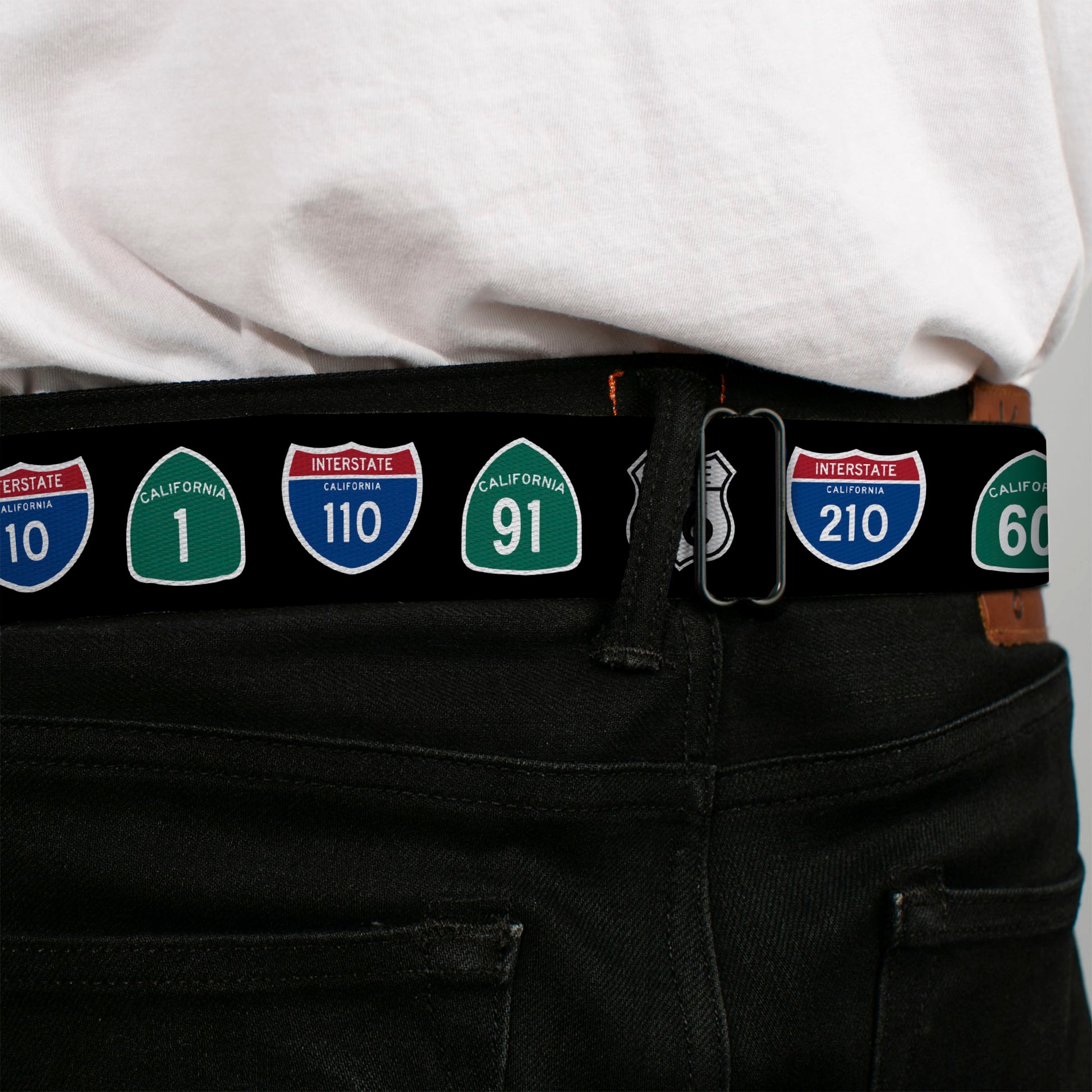 BD Wings Logo CLOSE-UP Full Color Black Silver Seatbelt Belt - California Highway Signs Black Webbing Seatbelt Belts Buckle-Down