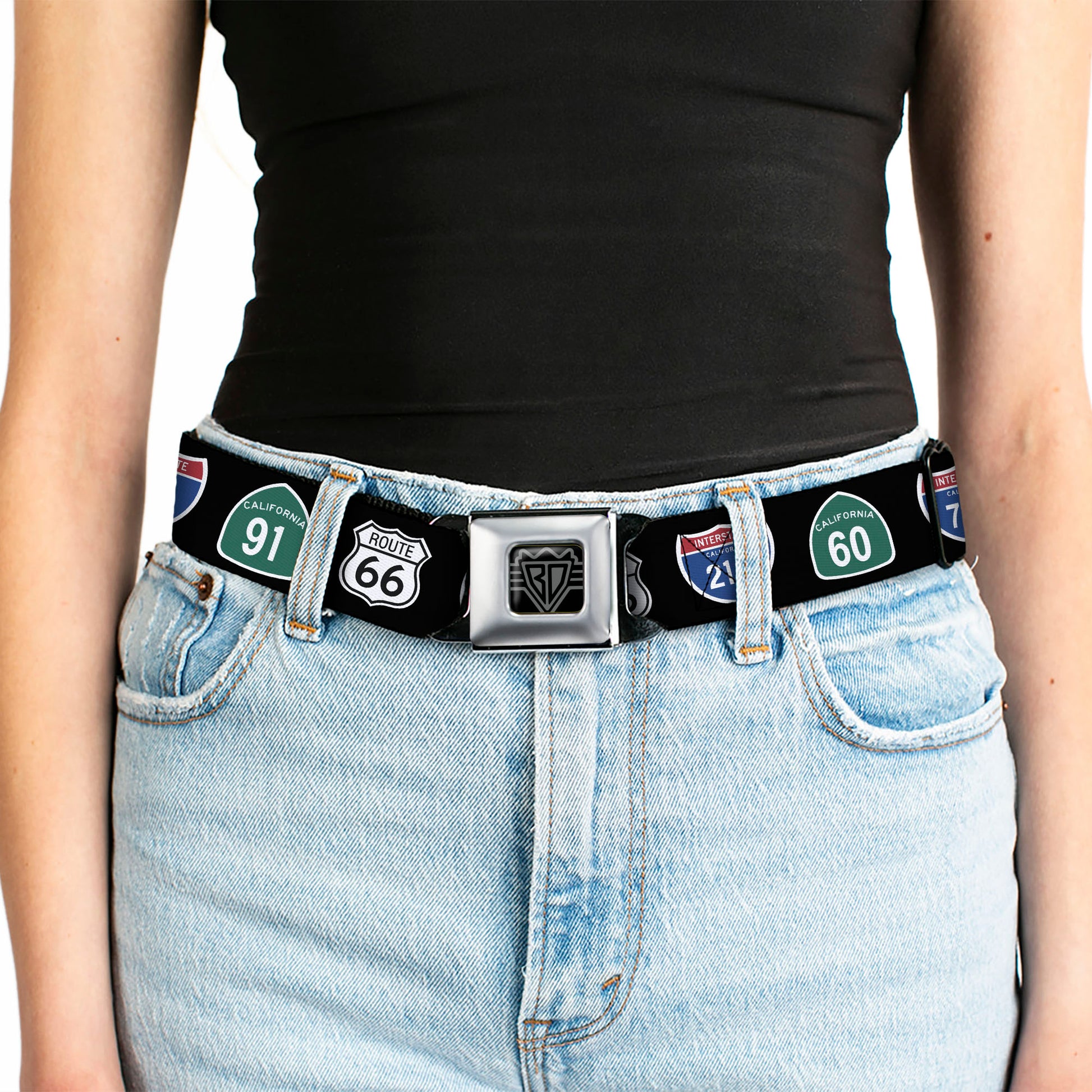 BD Wings Logo CLOSE-UP Full Color Black Silver Seatbelt Belt - California Highway Signs Black Webbing Seatbelt Belts Buckle-Down