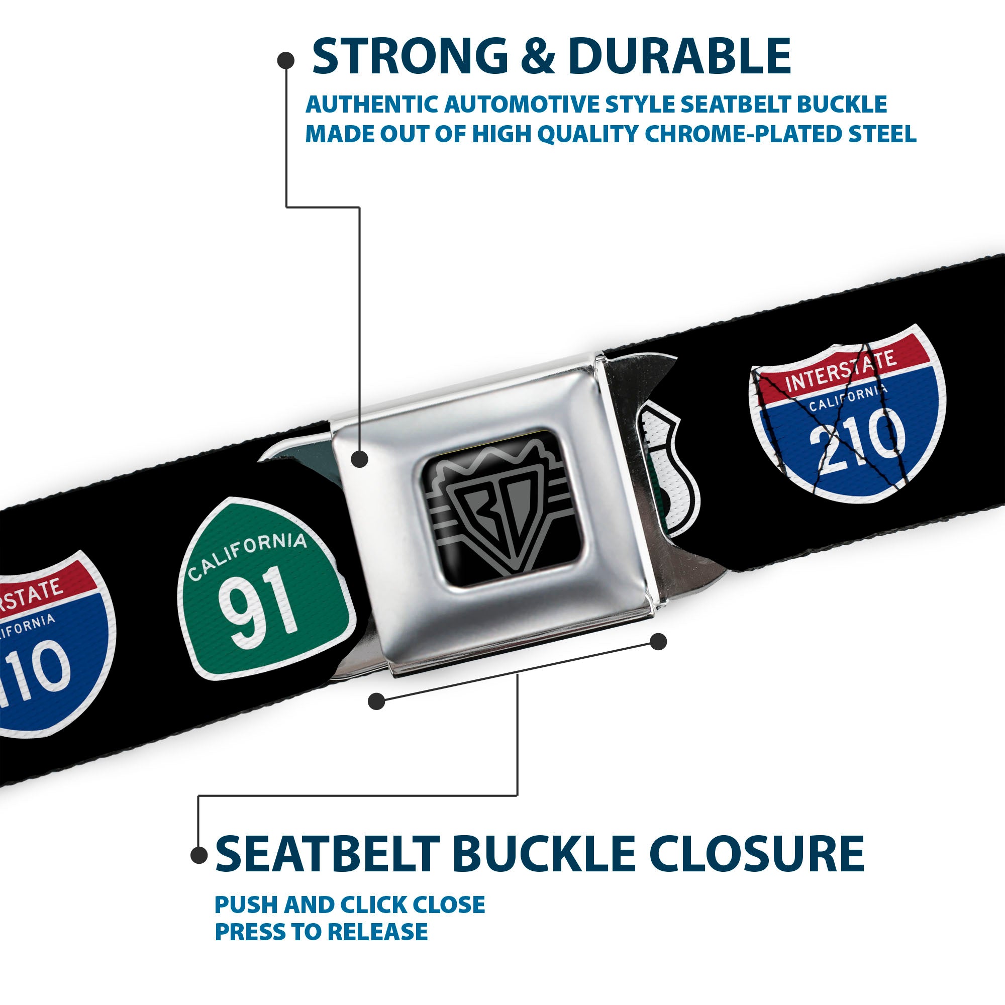 BD Wings Logo CLOSE-UP Full Color Black Silver Seatbelt Belt - California Highway Signs Black Webbing Seatbelt Belts Buckle-Down