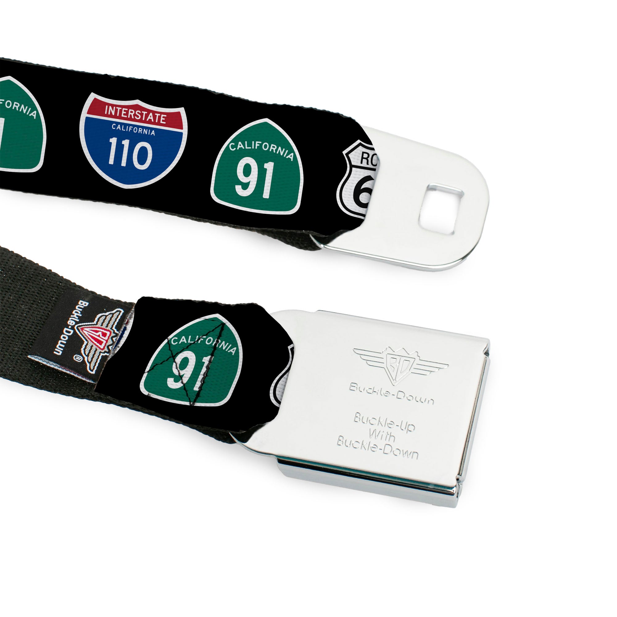 BD Wings Logo CLOSE-UP Full Color Black Silver Seatbelt Belt - California Highway Signs Black Webbing Seatbelt Belts Buckle-Down