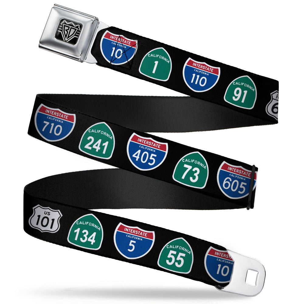 BD Wings Logo CLOSE-UP Full Color Black Silver Seatbelt Belt - California Highway Signs Black Webbing Seatbelt Belts Buckle-Down