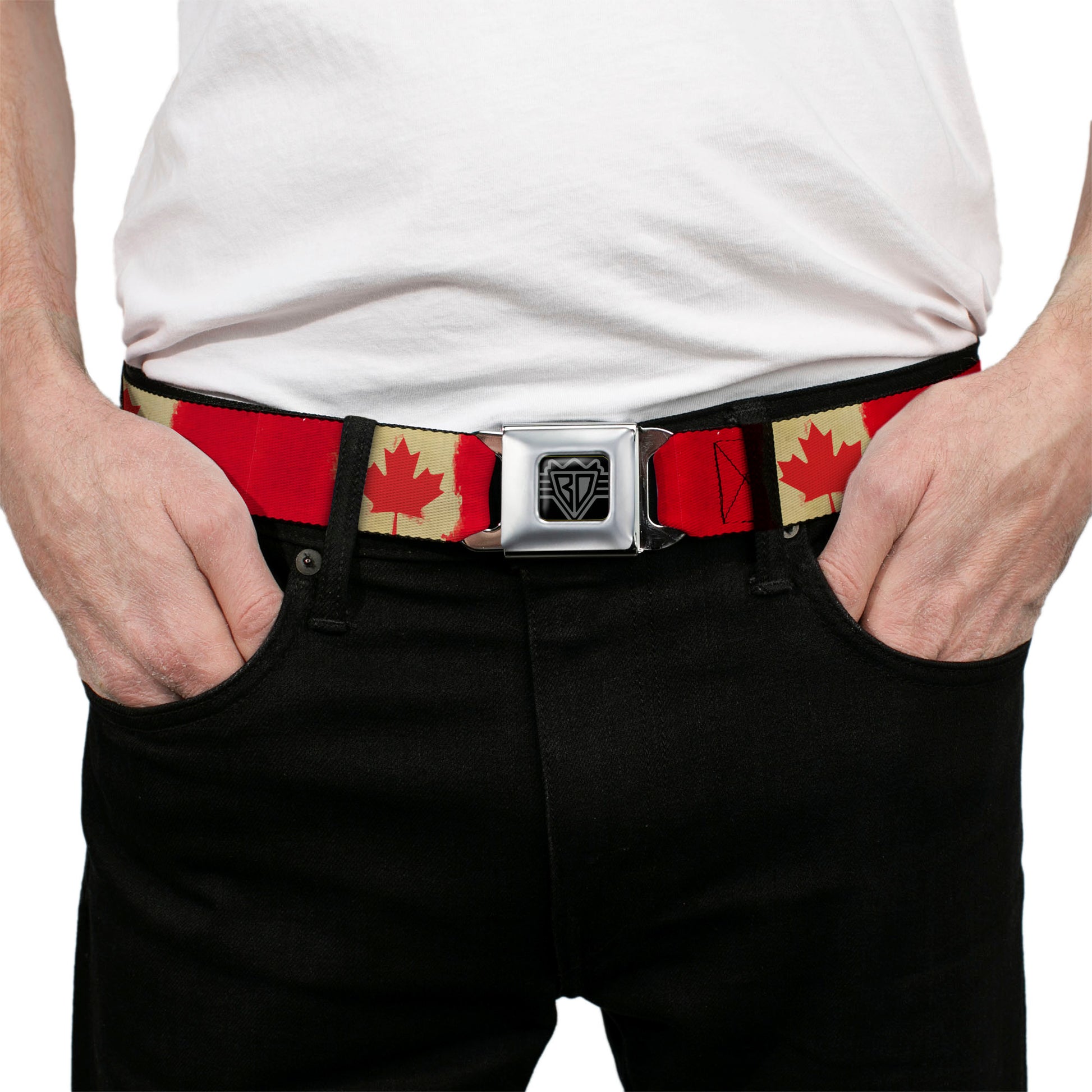 BD Wings Logo CLOSE-UP Black/Silver Seatbelt Belt - Canada Flag Painted Webbing Seatbelt Belts Buckle-Down