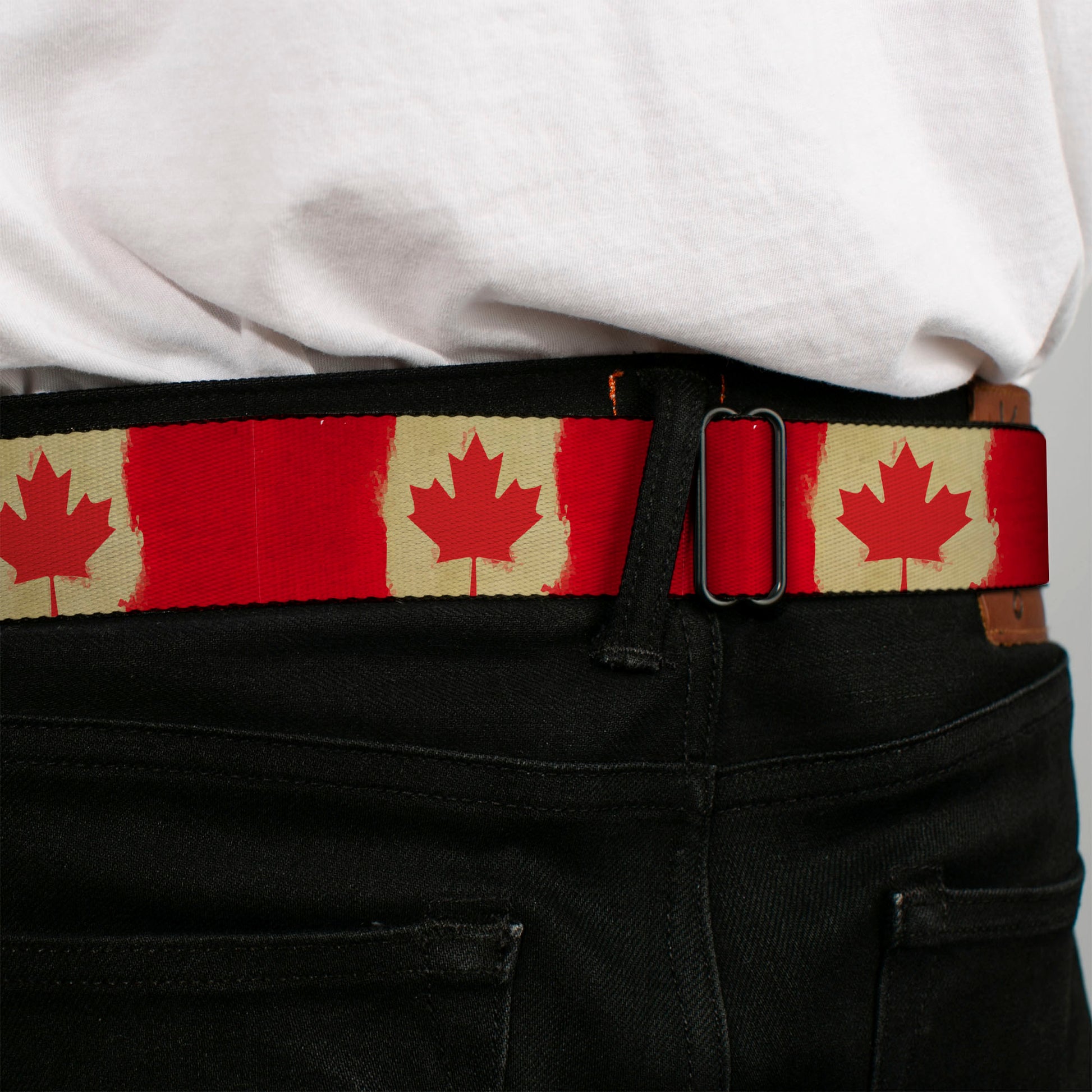 BD Wings Logo CLOSE-UP Black/Silver Seatbelt Belt - Canada Flag Painted Webbing Seatbelt Belts Buckle-Down