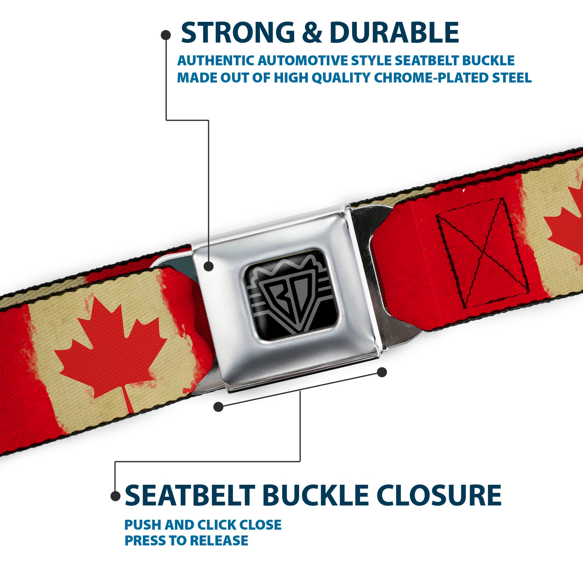 BD Wings Logo CLOSE-UP Black/Silver Seatbelt Belt - Canada Flag Painted Webbing Seatbelt Belts Buckle-Down