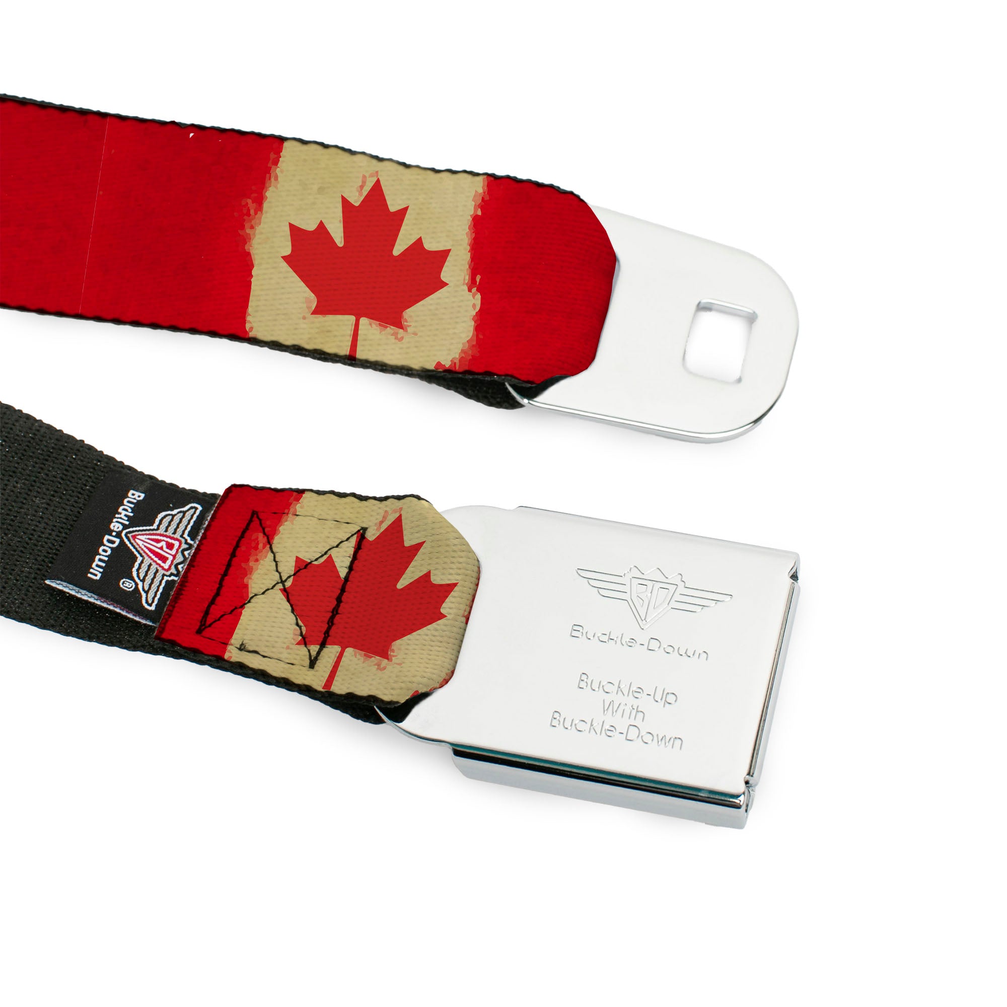 BD Wings Logo CLOSE-UP Black/Silver Seatbelt Belt - Canada Flag Painted Webbing Seatbelt Belts Buckle-Down