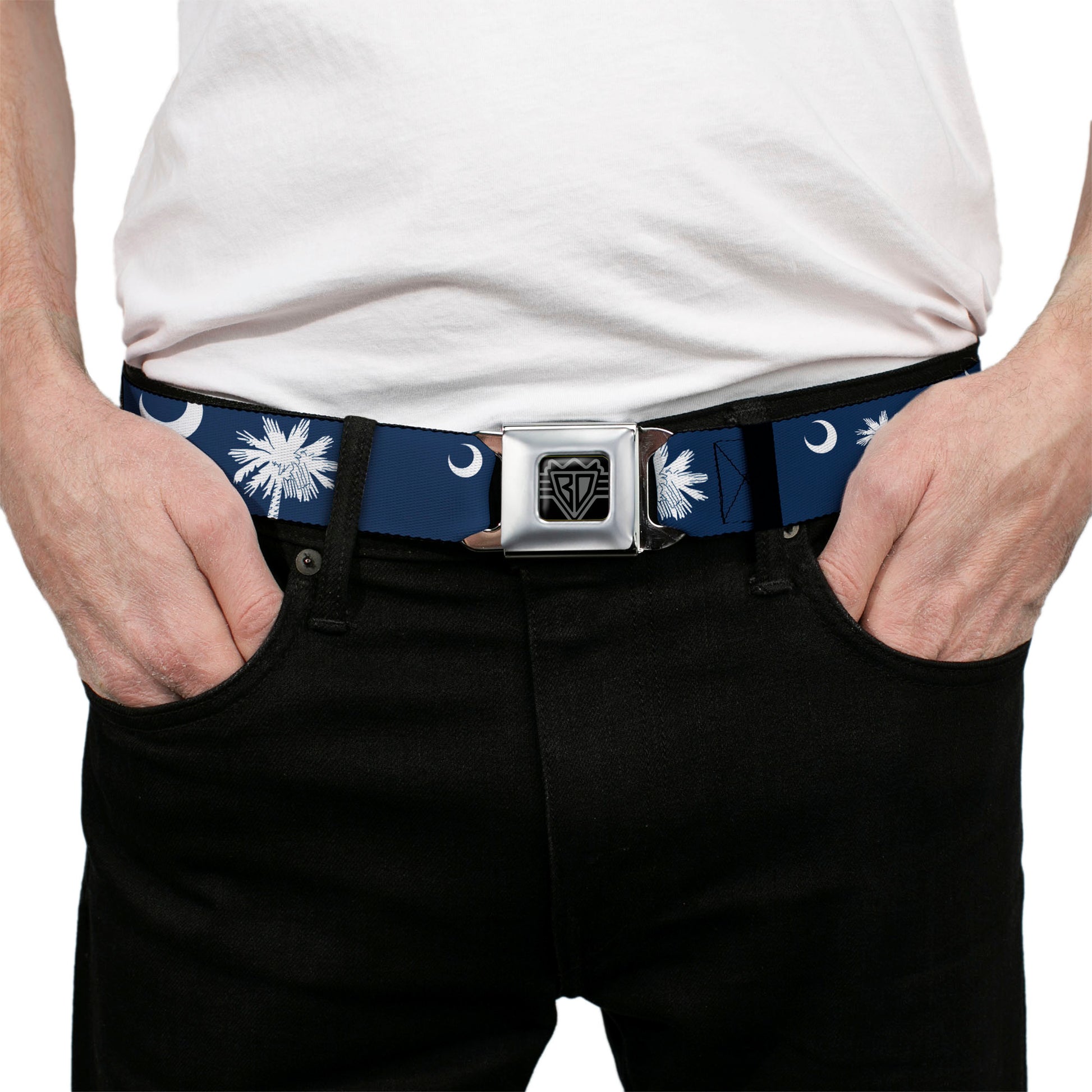 BD Wings Logo CLOSE-UP Full Color Black Silver Seatbelt Belt - South Carolina Flags Scattered Webbing Seatbelt Belts Buckle-Down