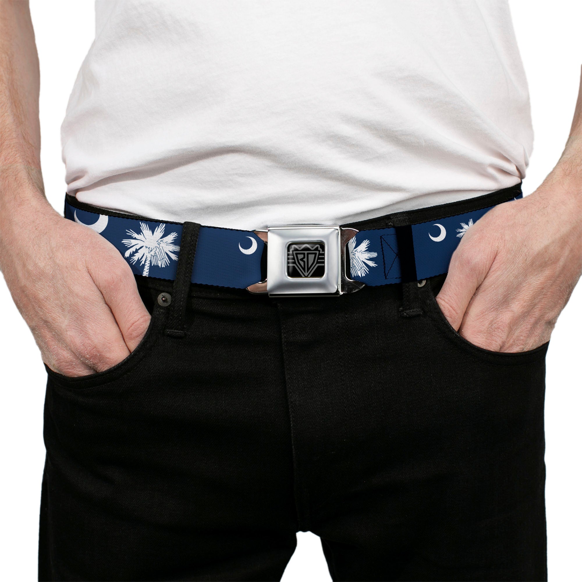 BD Wings Logo CLOSE-UP Full Color Black Silver Seatbelt Belt - South Carolina Flags Scattered Webbing Seatbelt Belts Buckle-Down