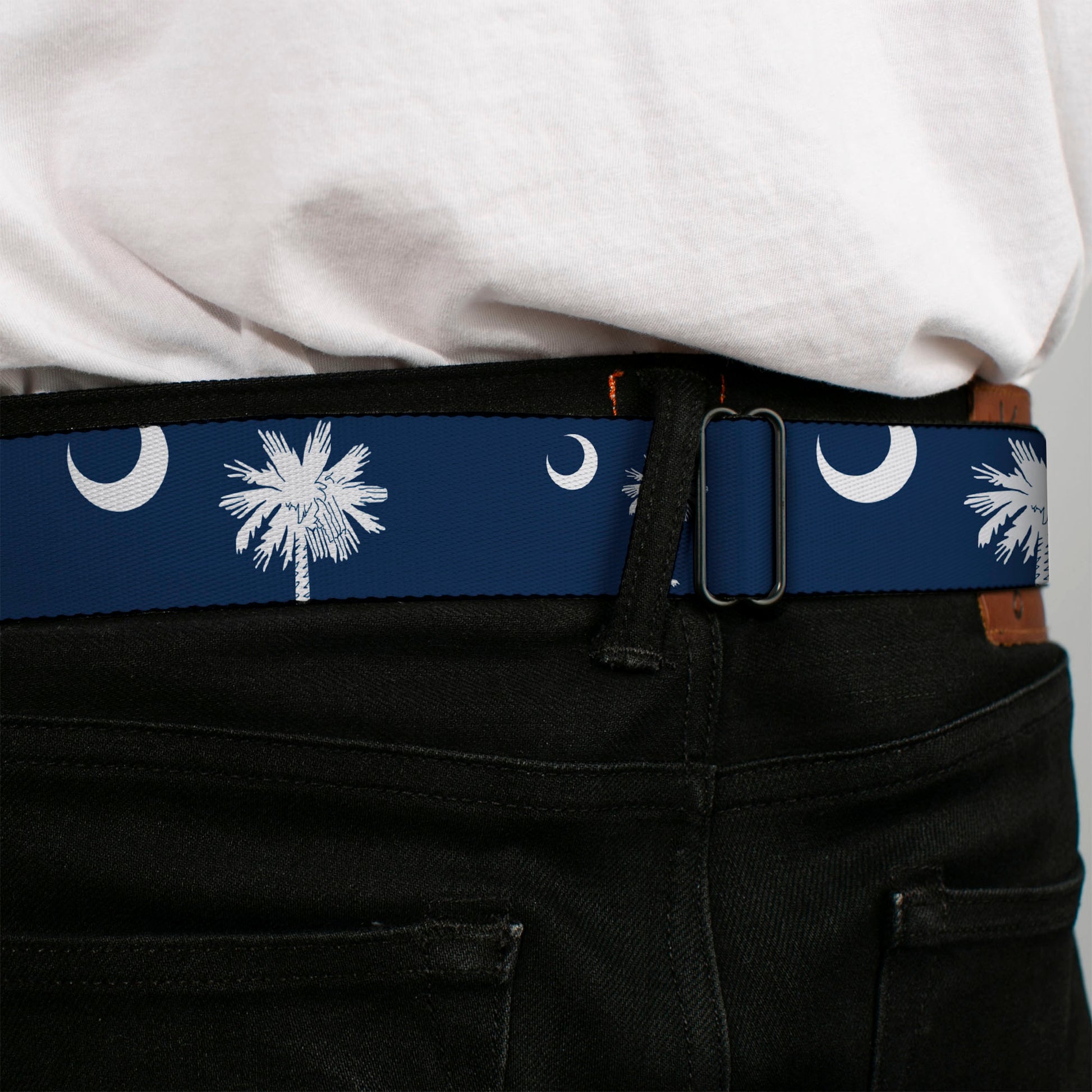 BD Wings Logo CLOSE-UP Full Color Black Silver Seatbelt Belt - South Carolina Flags Scattered Webbing Seatbelt Belts Buckle-Down