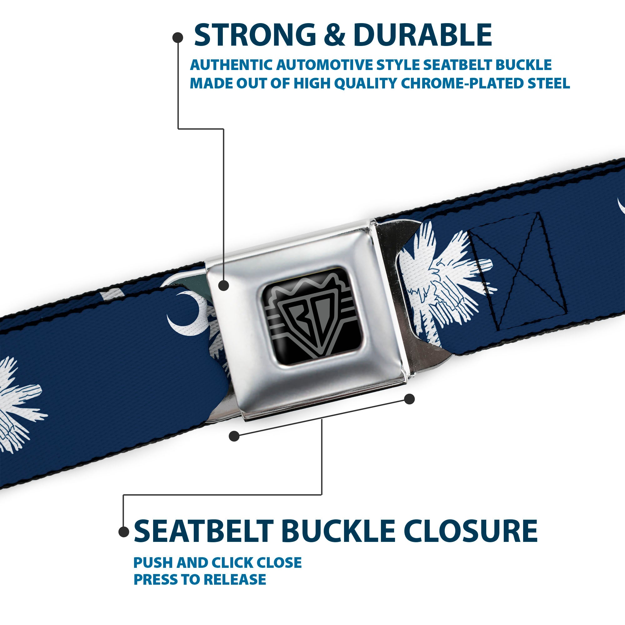 BD Wings Logo CLOSE-UP Full Color Black Silver Seatbelt Belt - South Carolina Flags Scattered Webbing Seatbelt Belts Buckle-Down