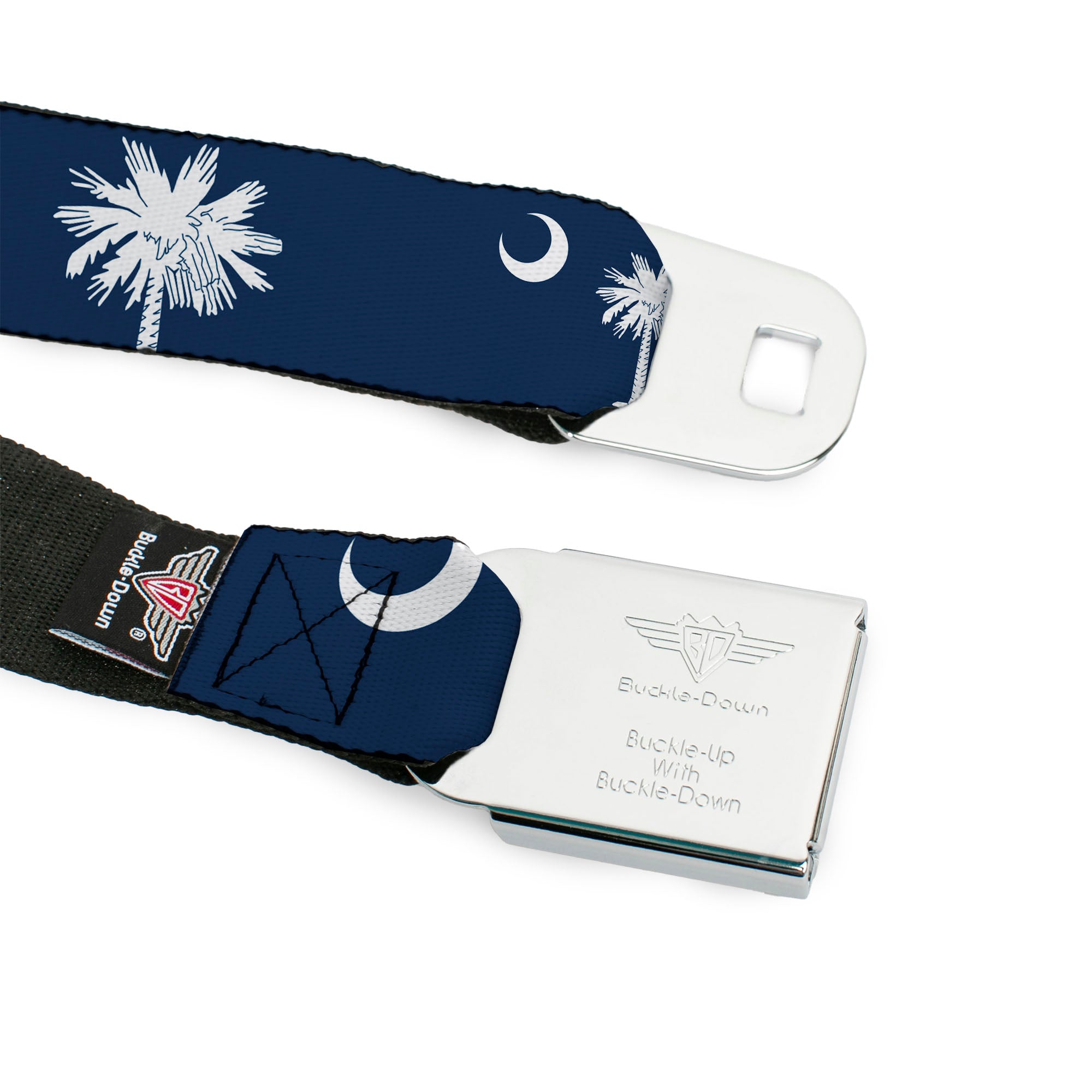 BD Wings Logo CLOSE-UP Full Color Black Silver Seatbelt Belt - South Carolina Flags Scattered Webbing Seatbelt Belts Buckle-Down