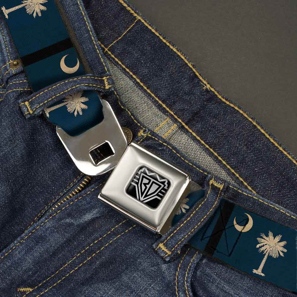 BD Wings Logo CLOSE-UP Full Color Black Silver Seatbelt Belt - South Carolina Flag Distressed/Black Webbing Seatbelt Belts Buckle-Down