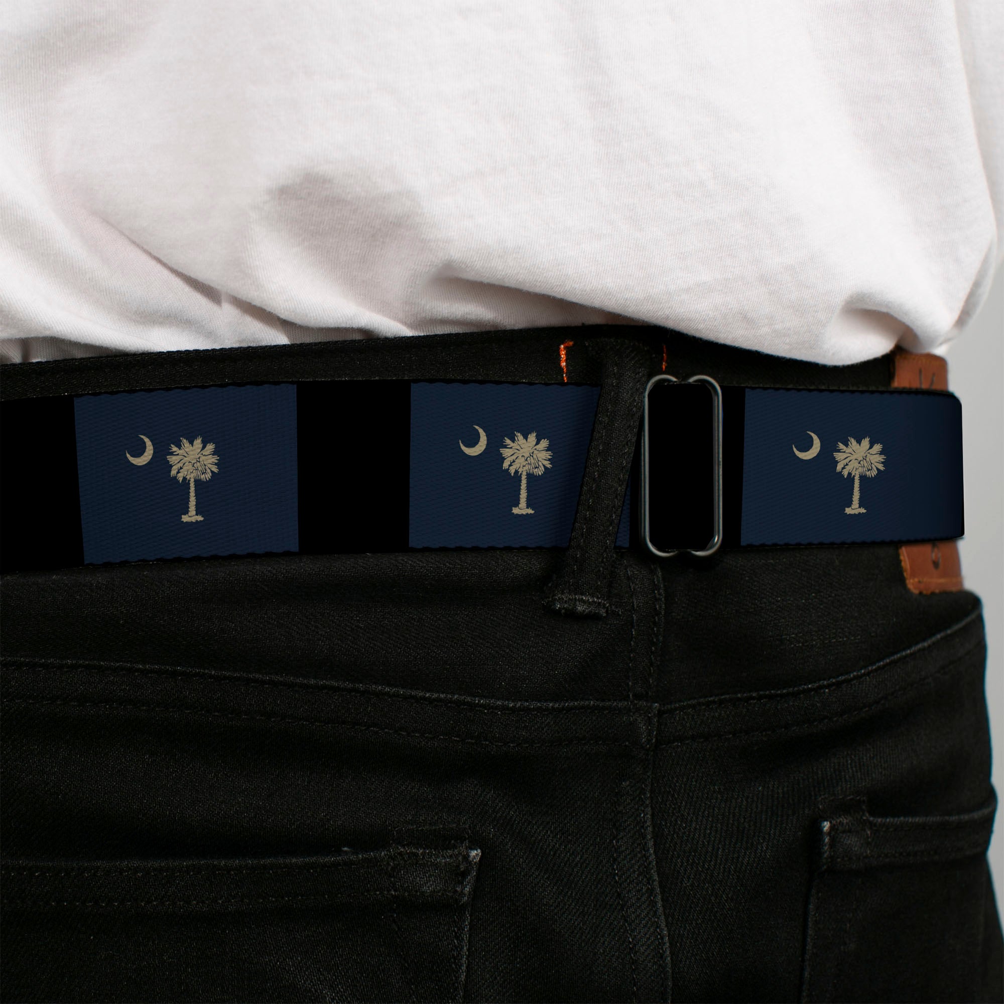 BD Wings Logo CLOSE-UP Full Color Black Silver Seatbelt Belt - South Carolina Flag Distressed/Black Webbing Seatbelt Belts Buckle-Down