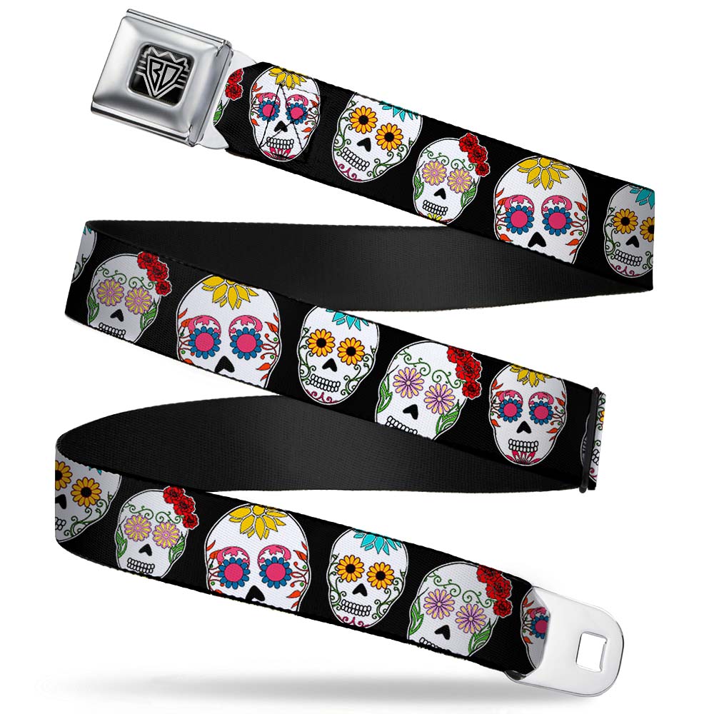 BD Wings Logo CLOSE-UP Full Color Black Silver Seatbelt Belt - Staggered Sugar Skulls CLOSE-UP Black/Multi Color Webbing Seatbelt Belts Buckle-Down