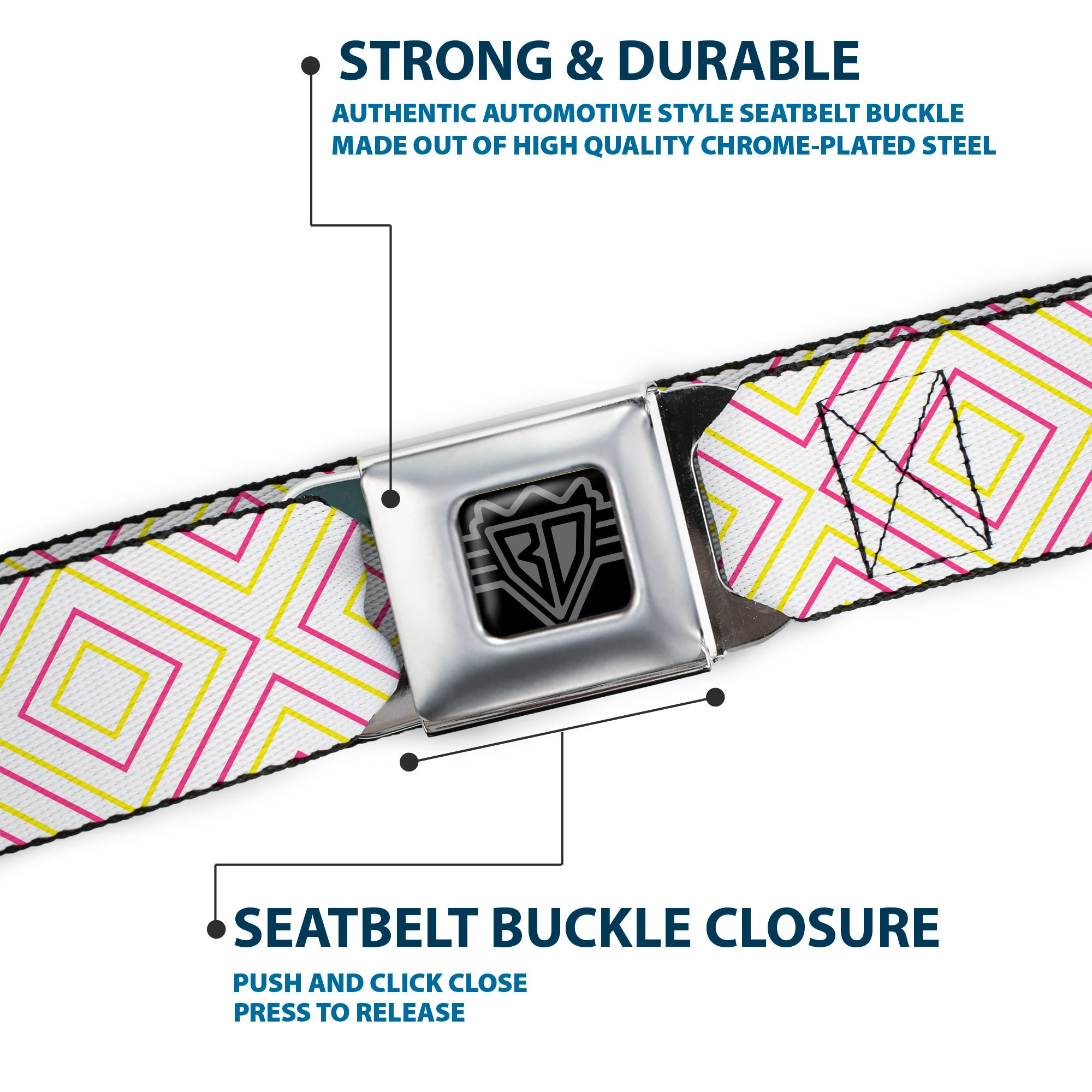 BD Wings Logo CLOSE-UP Black/Silver Seatbelt Belt - Square Lines White/Fluorescent Orange/Pink/Yellow Webbing Seatbelt Belts Buckle-Down