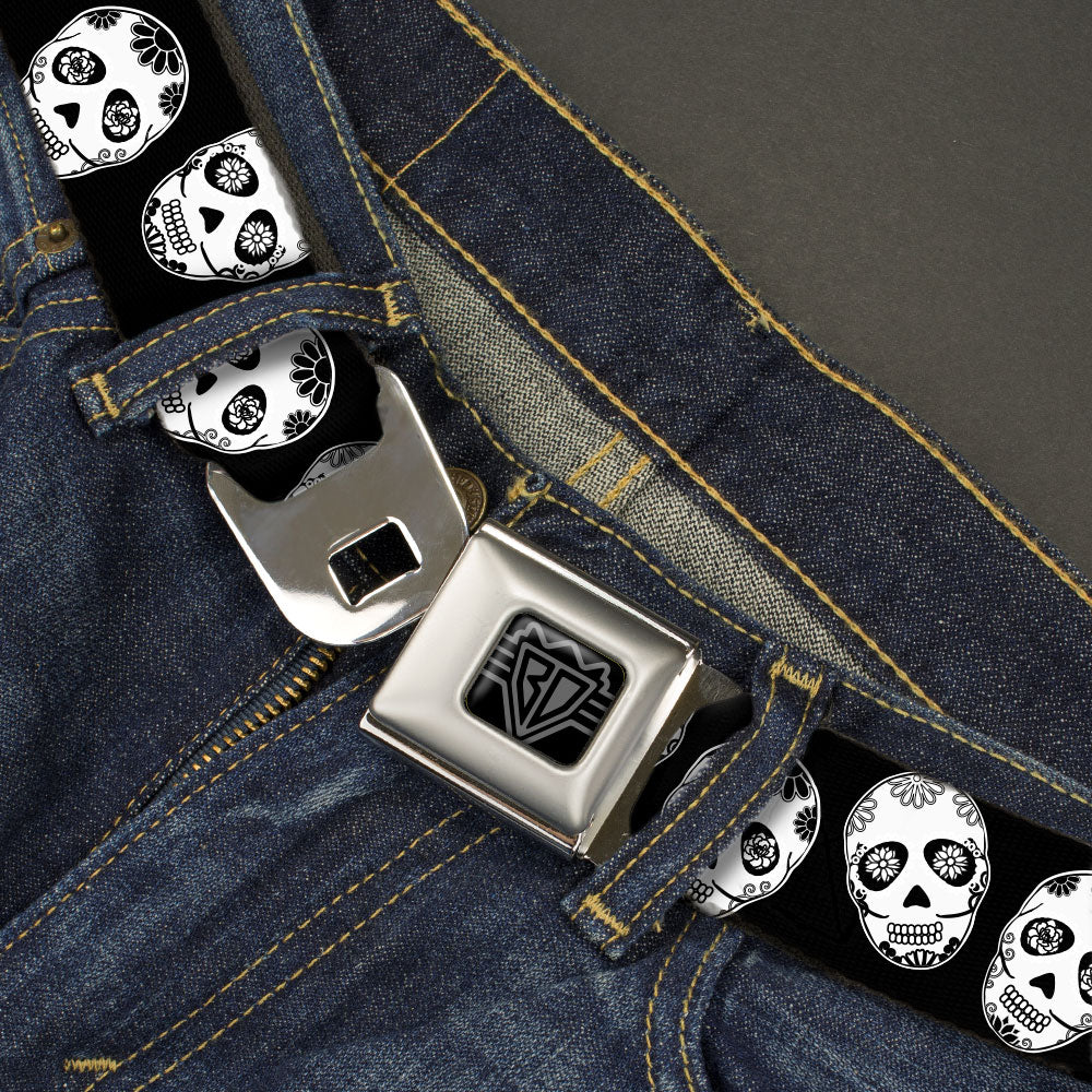 BD Wings Logo CLOSE-UP Black/Silver Seatbelt Belt - Sugar Skulls Black/White/Black Webbing Seatbelt Belts Buckle-Down