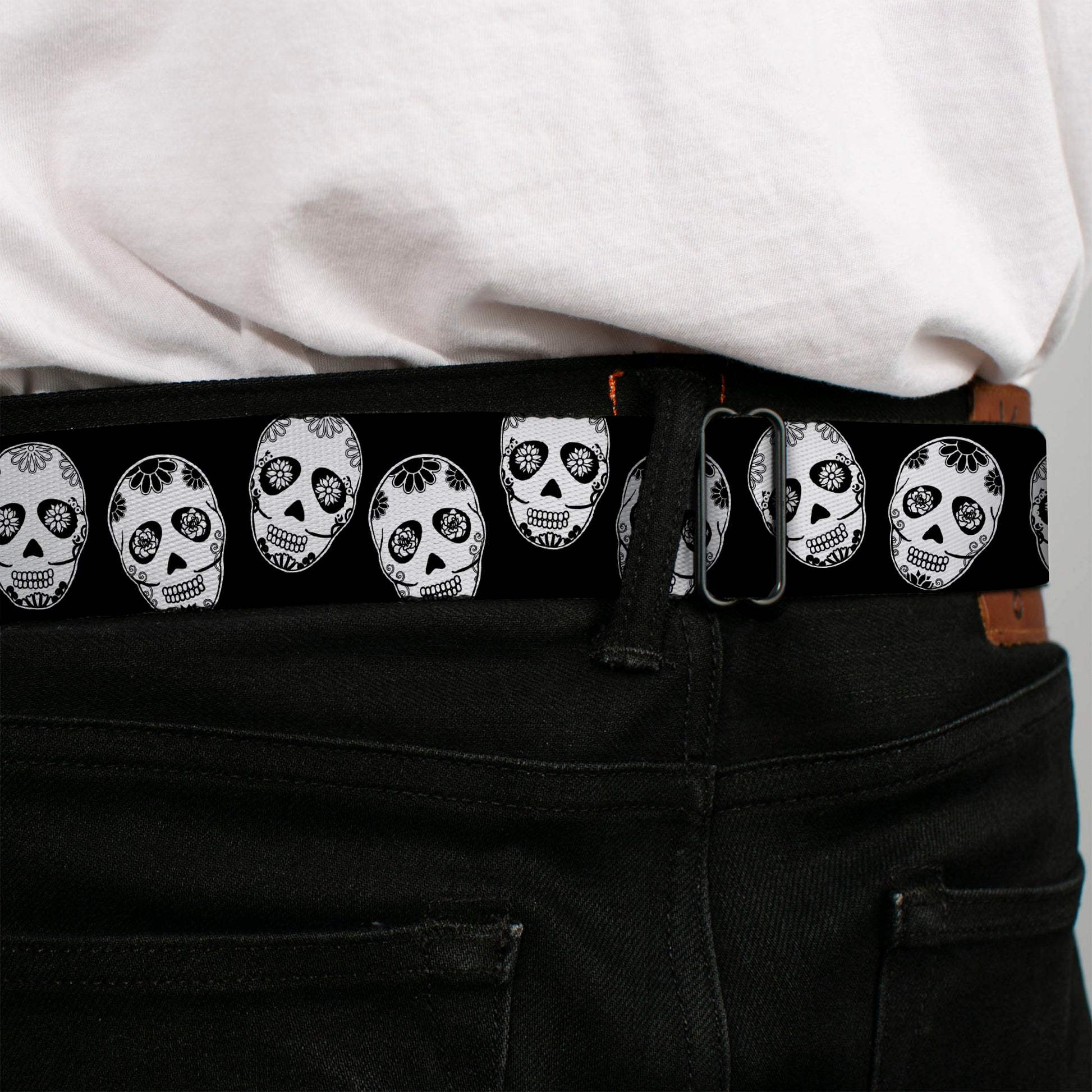 BD Wings Logo CLOSE-UP Black/Silver Seatbelt Belt - Sugar Skulls Black/White/Black Webbing Seatbelt Belts Buckle-Down