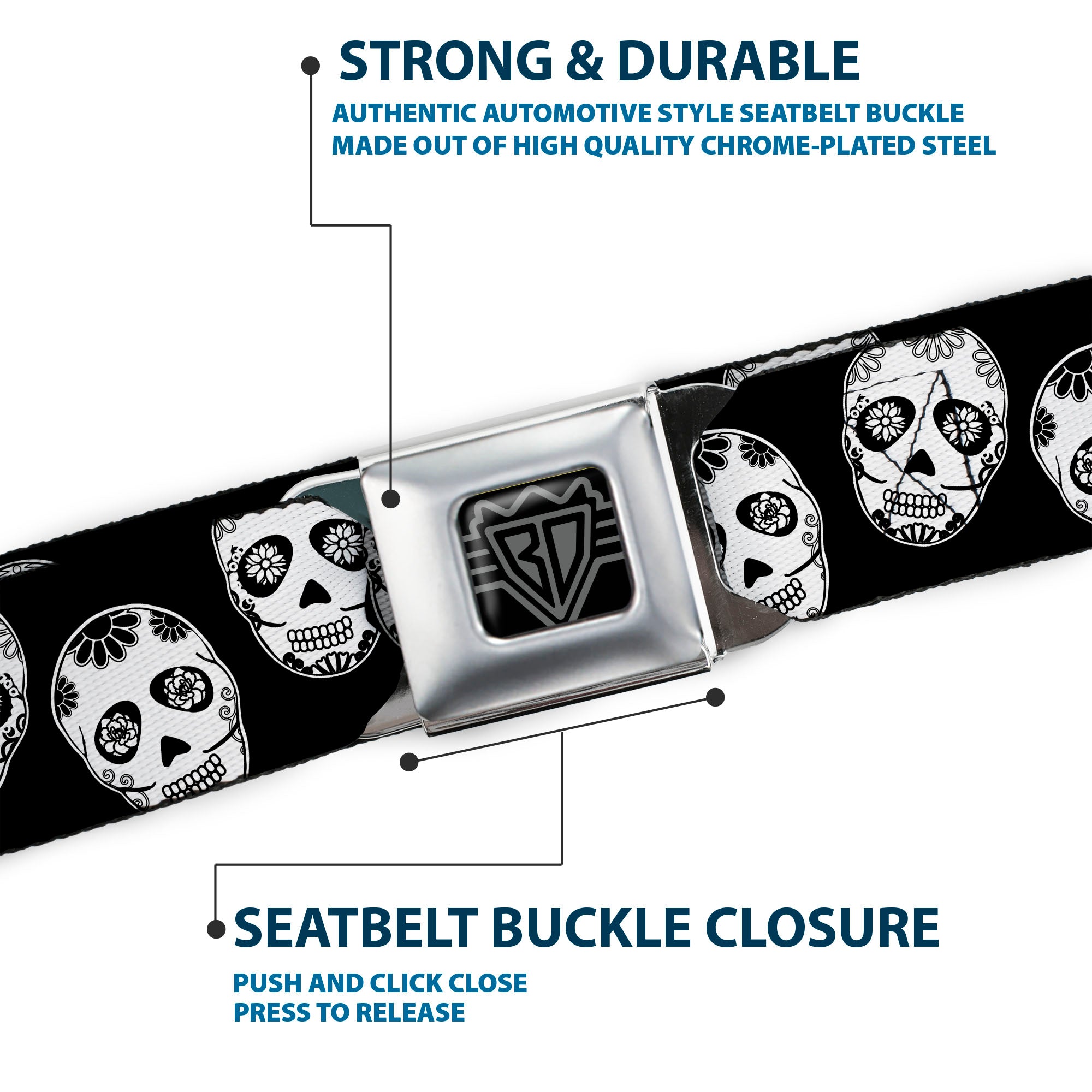 BD Wings Logo CLOSE-UP Black/Silver Seatbelt Belt - Sugar Skulls Black/White/Black Webbing Seatbelt Belts Buckle-Down