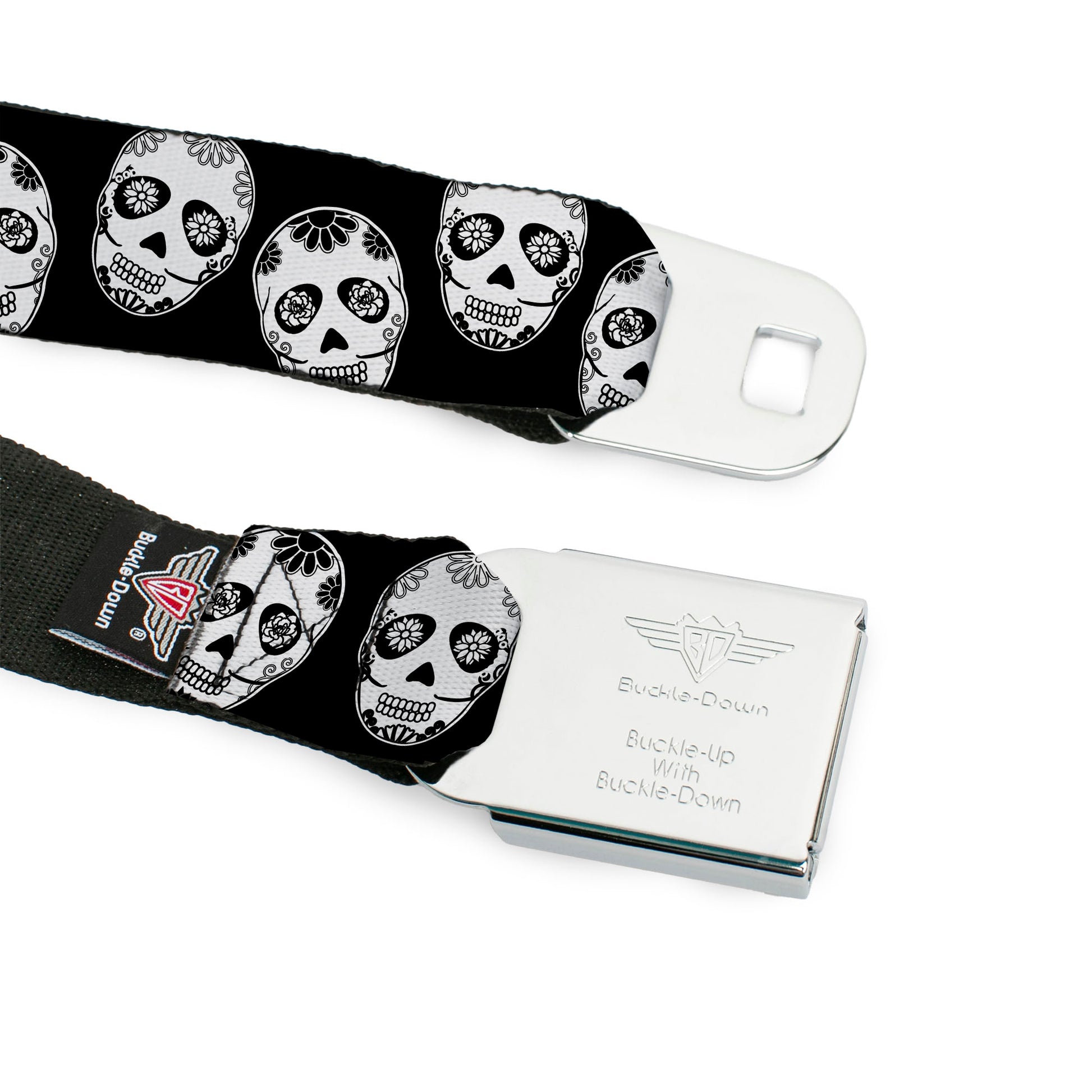 BD Wings Logo CLOSE-UP Black/Silver Seatbelt Belt - Sugar Skulls Black/White/Black Webbing Seatbelt Belts Buckle-Down