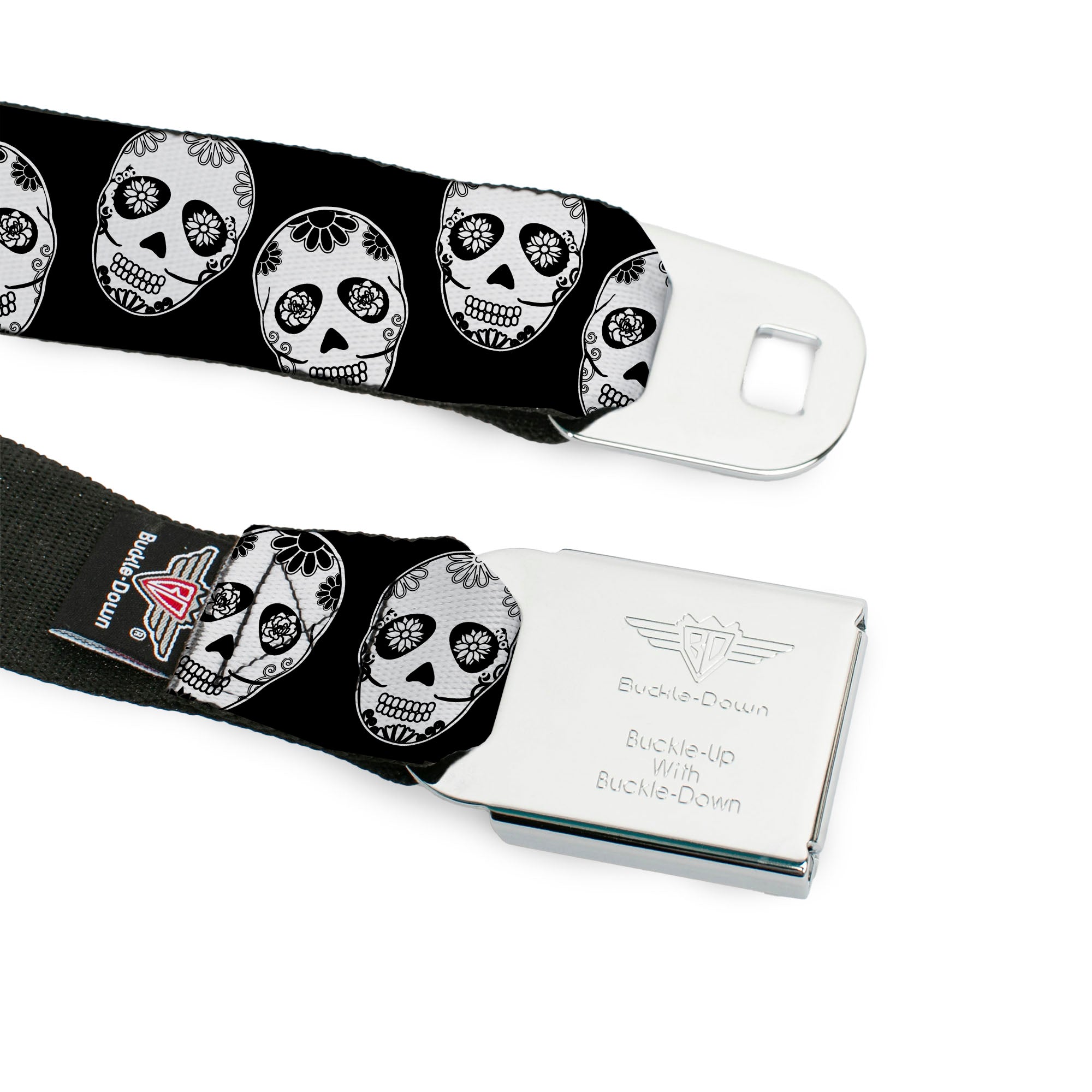 BD Wings Logo CLOSE-UP Black/Silver Seatbelt Belt - Sugar Skulls Black/White/Black Webbing Seatbelt Belts Buckle-Down