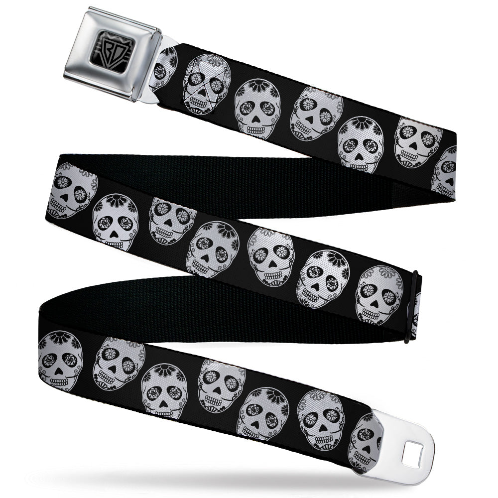 BD Wings Logo CLOSE-UP Black/Silver Seatbelt Belt - Sugar Skulls Black/White/Black Webbing Seatbelt Belts Buckle-Down
