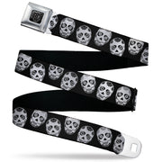 BD Wings Logo CLOSE-UP Black/Silver Seatbelt Belt - Sugar Skulls Black/White/Black Webbing Seatbelt Belts Buckle-Down