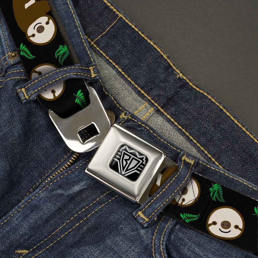 BD Wings Logo CLOSE-UP Full Color Black Silver Seatbelt Belt - Sloth Face/Hanging Black Webbing Seatbelt Belts Buckle-Down