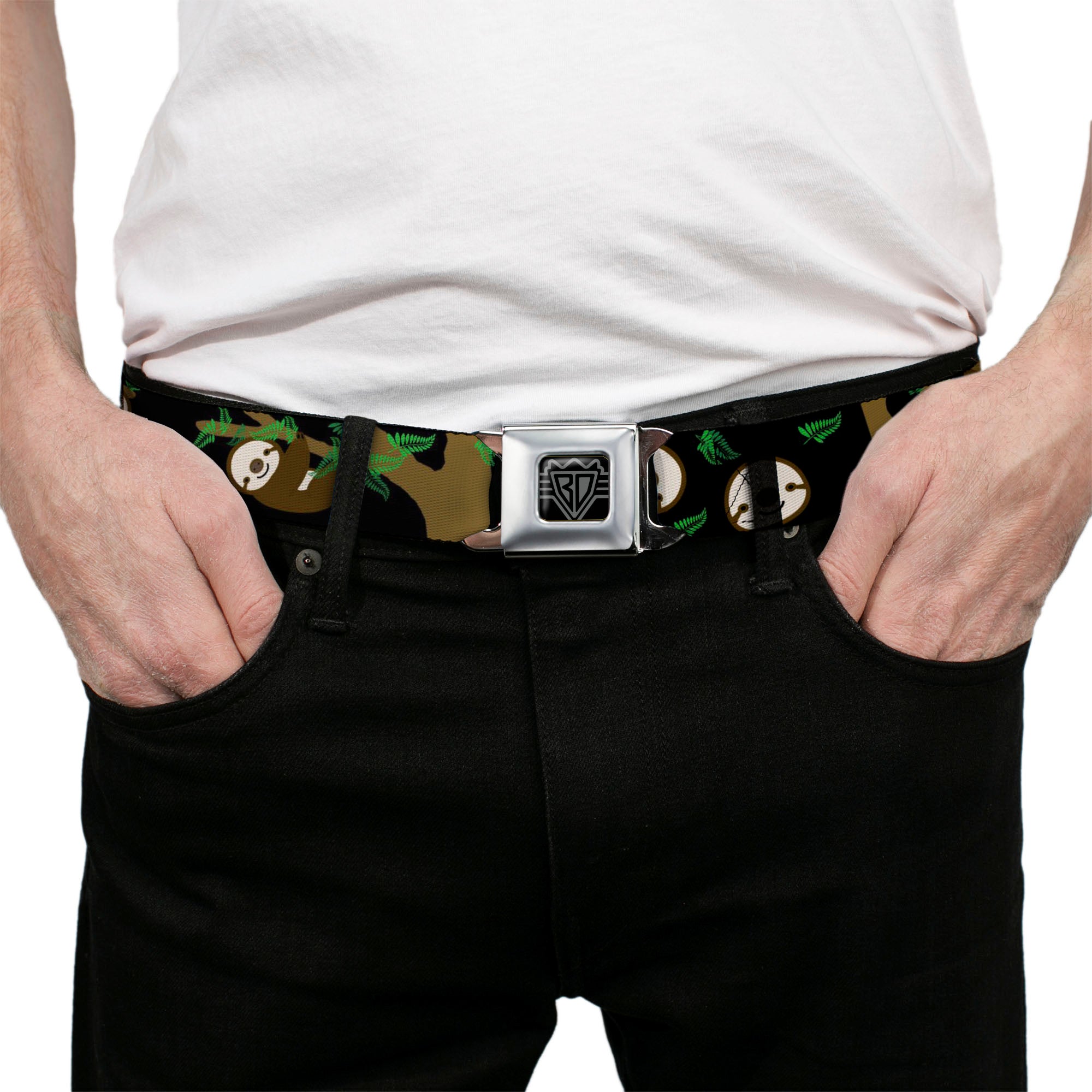 BD Wings Logo CLOSE-UP Full Color Black Silver Seatbelt Belt - Sloth Face/Hanging Black Webbing Seatbelt Belts Buckle-Down
