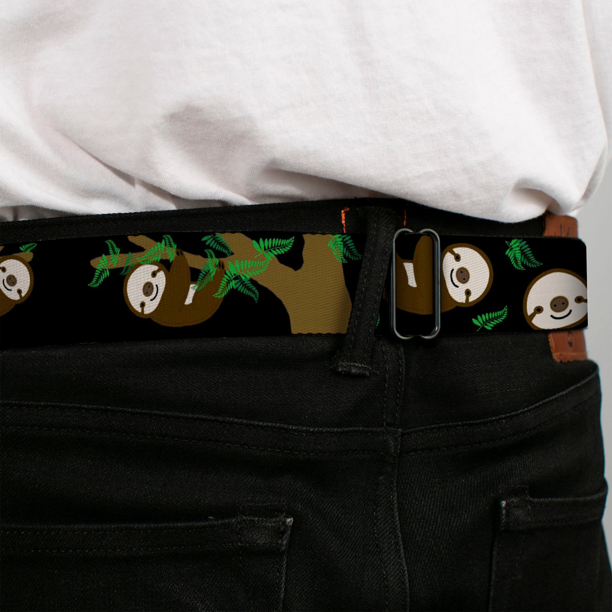 BD Wings Logo CLOSE-UP Full Color Black Silver Seatbelt Belt - Sloth Face/Hanging Black Webbing Seatbelt Belts Buckle-Down