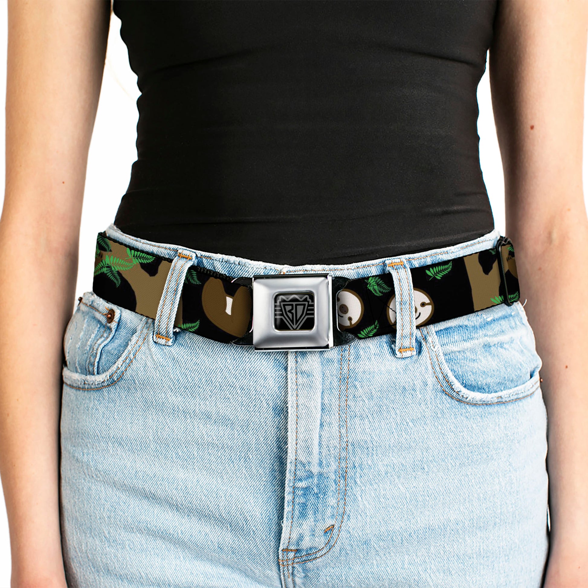 BD Wings Logo CLOSE-UP Full Color Black Silver Seatbelt Belt - Sloth Face/Hanging Black Webbing Seatbelt Belts Buckle-Down