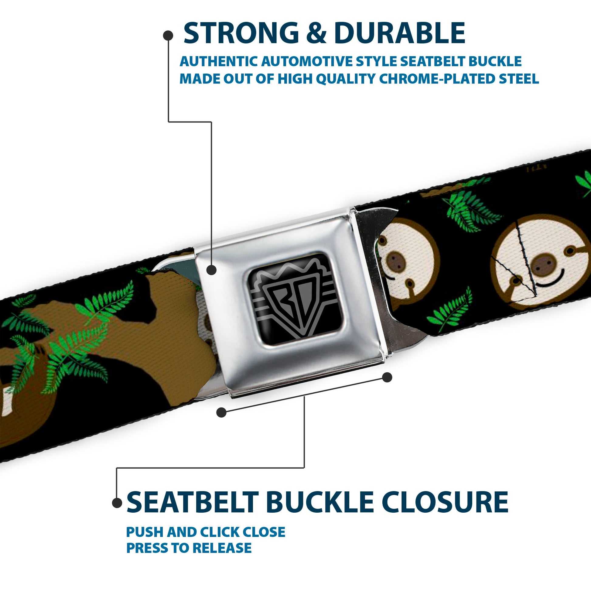BD Wings Logo CLOSE-UP Full Color Black Silver Seatbelt Belt - Sloth Face/Hanging Black Webbing Seatbelt Belts Buckle-Down