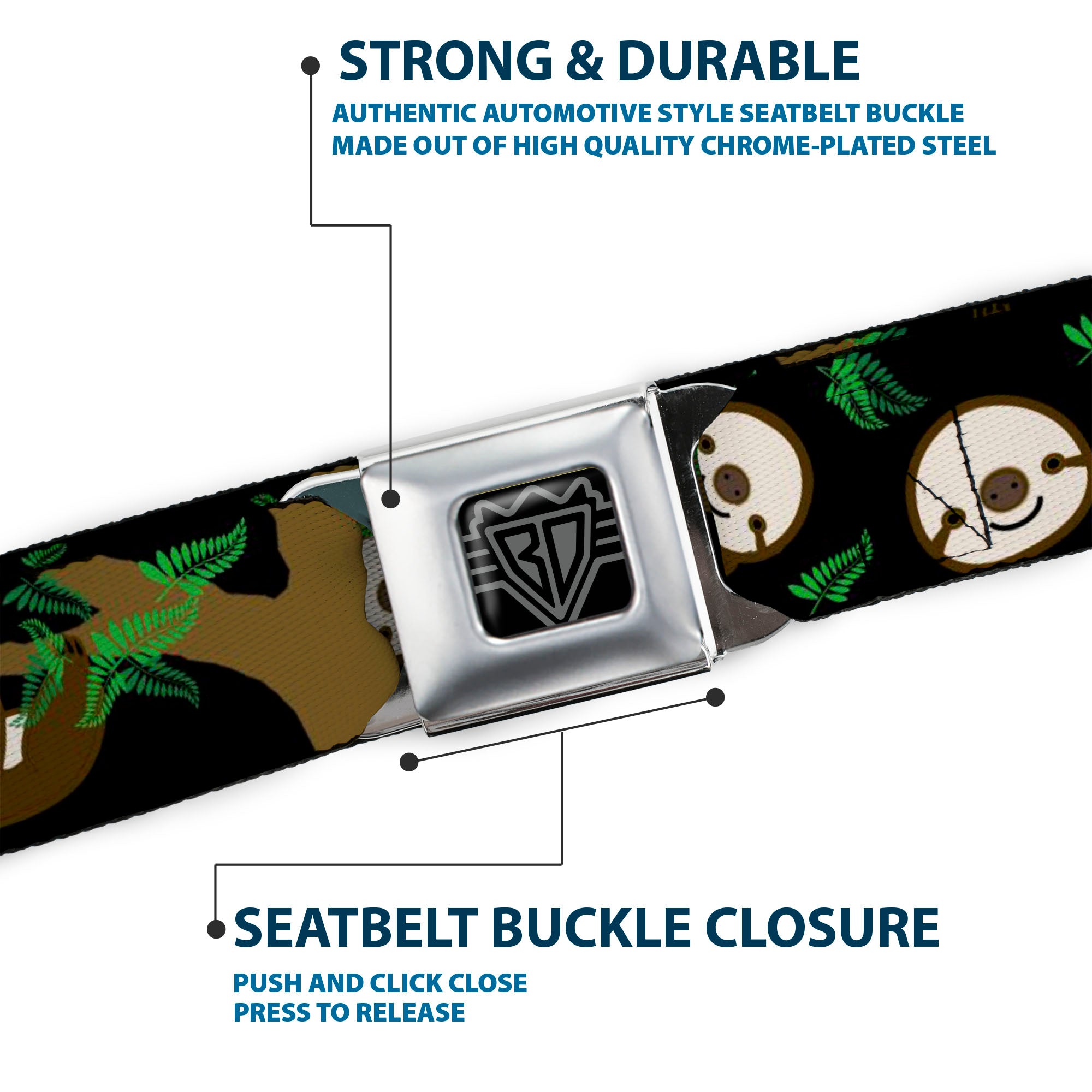 BD Wings Logo CLOSE-UP Full Color Black Silver Seatbelt Belt - Sloth Face/Hanging Black Webbing Seatbelt Belts Buckle-Down