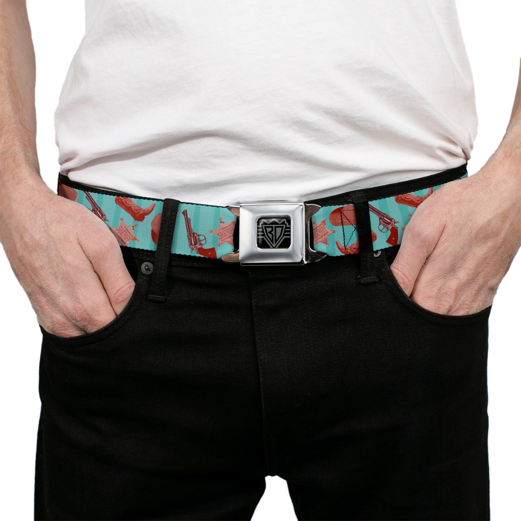 BD Wings Logo CLOSE-UP Full Color Black Silver Seatbelt Belt - Sheriff's Gear/Vertical Stripe Turquoise/Browns Webbing Seatbelt Belts Buckle-Down