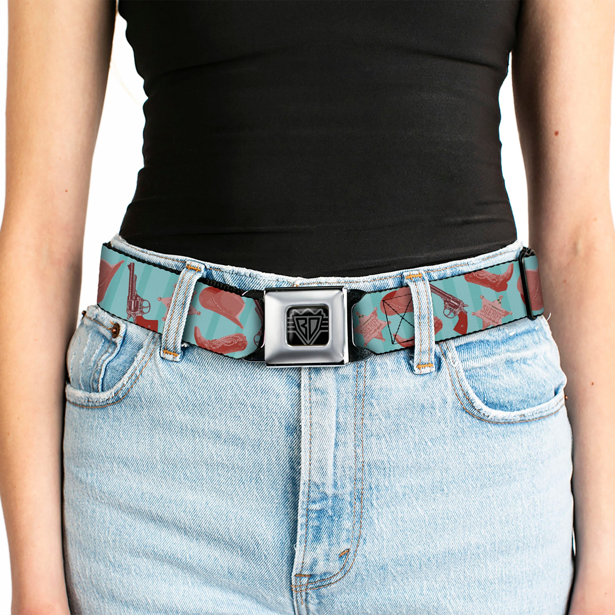 BD Wings Logo CLOSE-UP Full Color Black Silver Seatbelt Belt - Sheriff's Gear/Vertical Stripe Turquoise/Browns Webbing Seatbelt Belts Buckle-Down