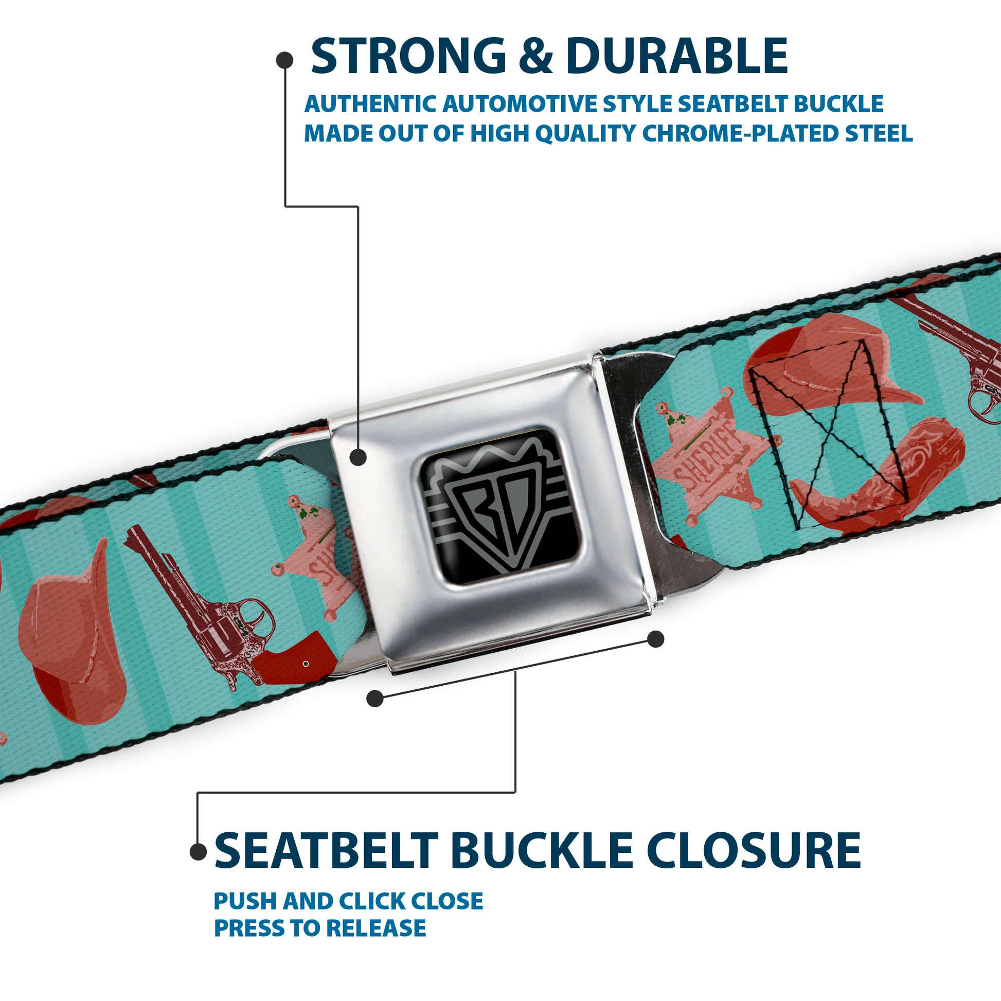 BD Wings Logo CLOSE-UP Full Color Black Silver Seatbelt Belt - Sheriff's Gear/Vertical Stripe Turquoise/Browns Webbing Seatbelt Belts Buckle-Down