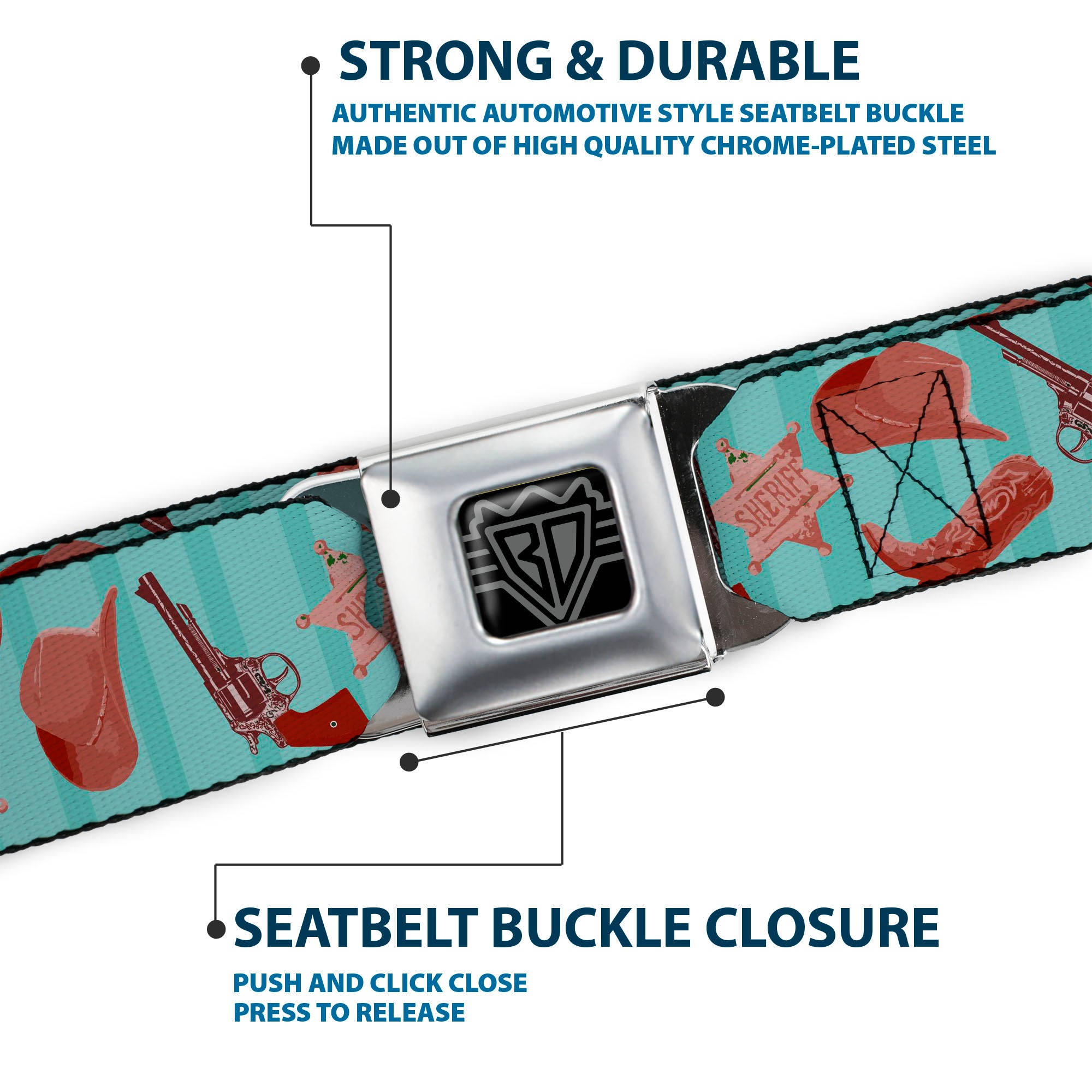 BD Wings Logo CLOSE-UP Full Color Black Silver Seatbelt Belt - Sheriff's Gear/Vertical Stripe Turquoise/Browns Webbing Seatbelt Belts Buckle-Down