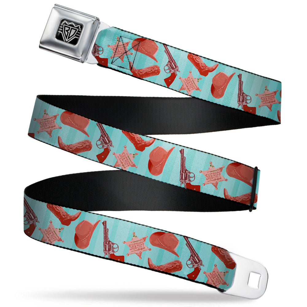 BD Wings Logo CLOSE-UP Full Color Black Silver Seatbelt Belt - Sheriff's Gear/Vertical Stripe Turquoise/Browns Webbing Seatbelt Belts Buckle-Down