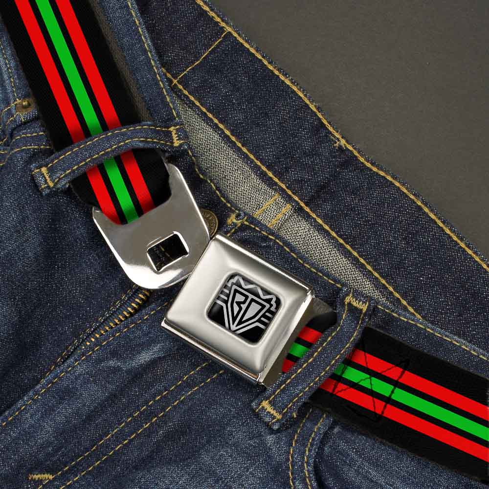 BD Wings Logo CLOSE-UP Full Color Black Silver Seatbelt Belt - Stripe Trio Black/Red/Green/Black Webbing Seatbelt Belts Buckle-Down