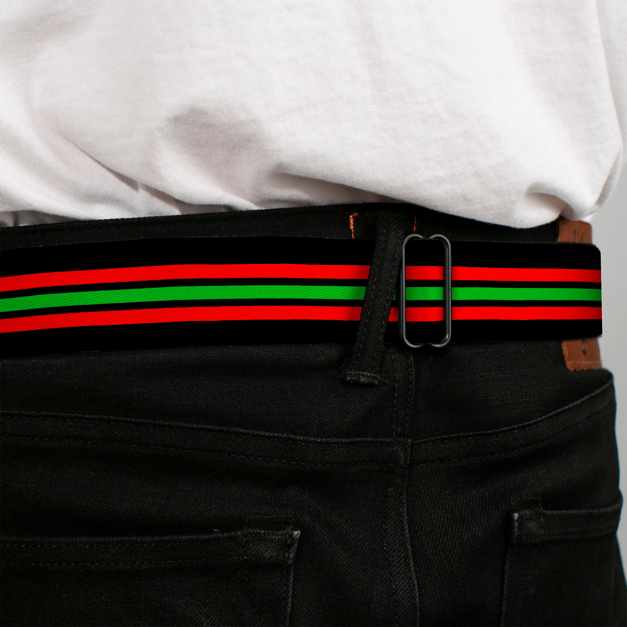 BD Wings Logo CLOSE-UP Full Color Black Silver Seatbelt Belt - Stripe Trio Black/Red/Green/Black Webbing Seatbelt Belts Buckle-Down