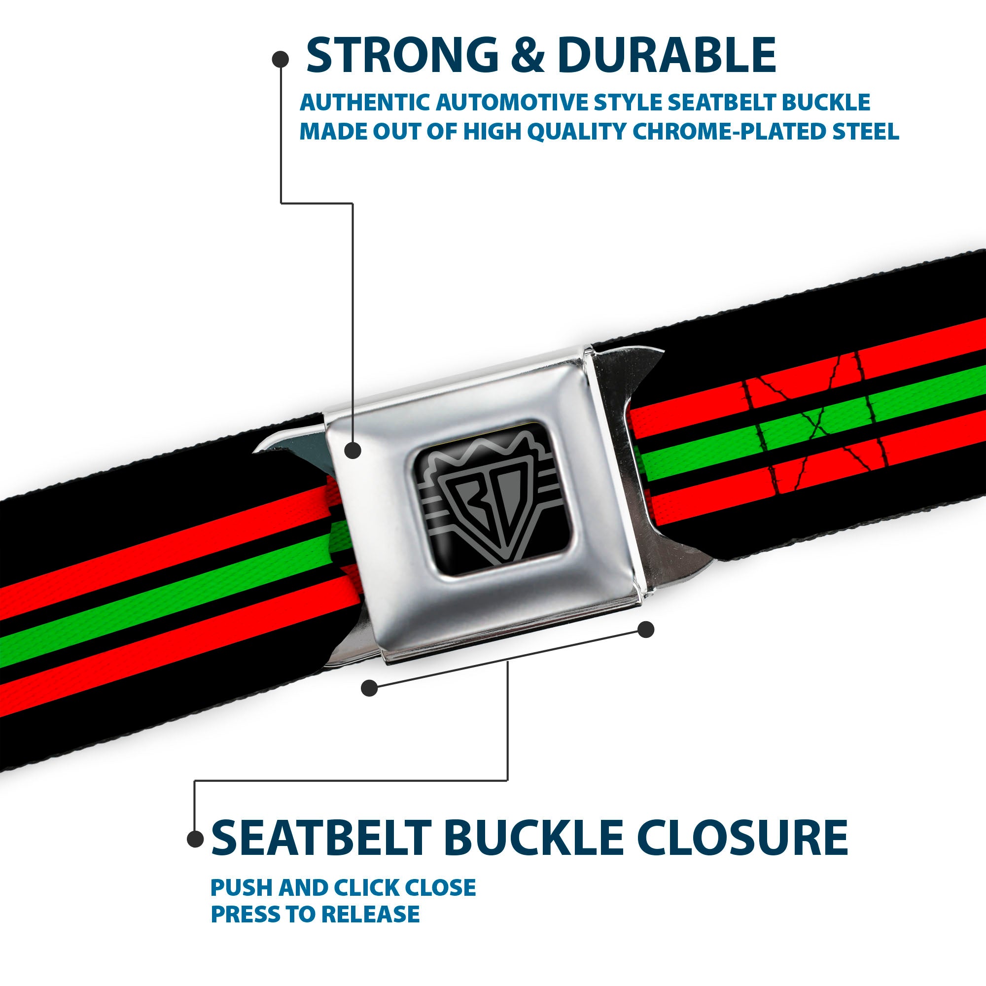 BD Wings Logo CLOSE-UP Full Color Black Silver Seatbelt Belt - Stripe Trio Black/Red/Green/Black Webbing Seatbelt Belts Buckle-Down