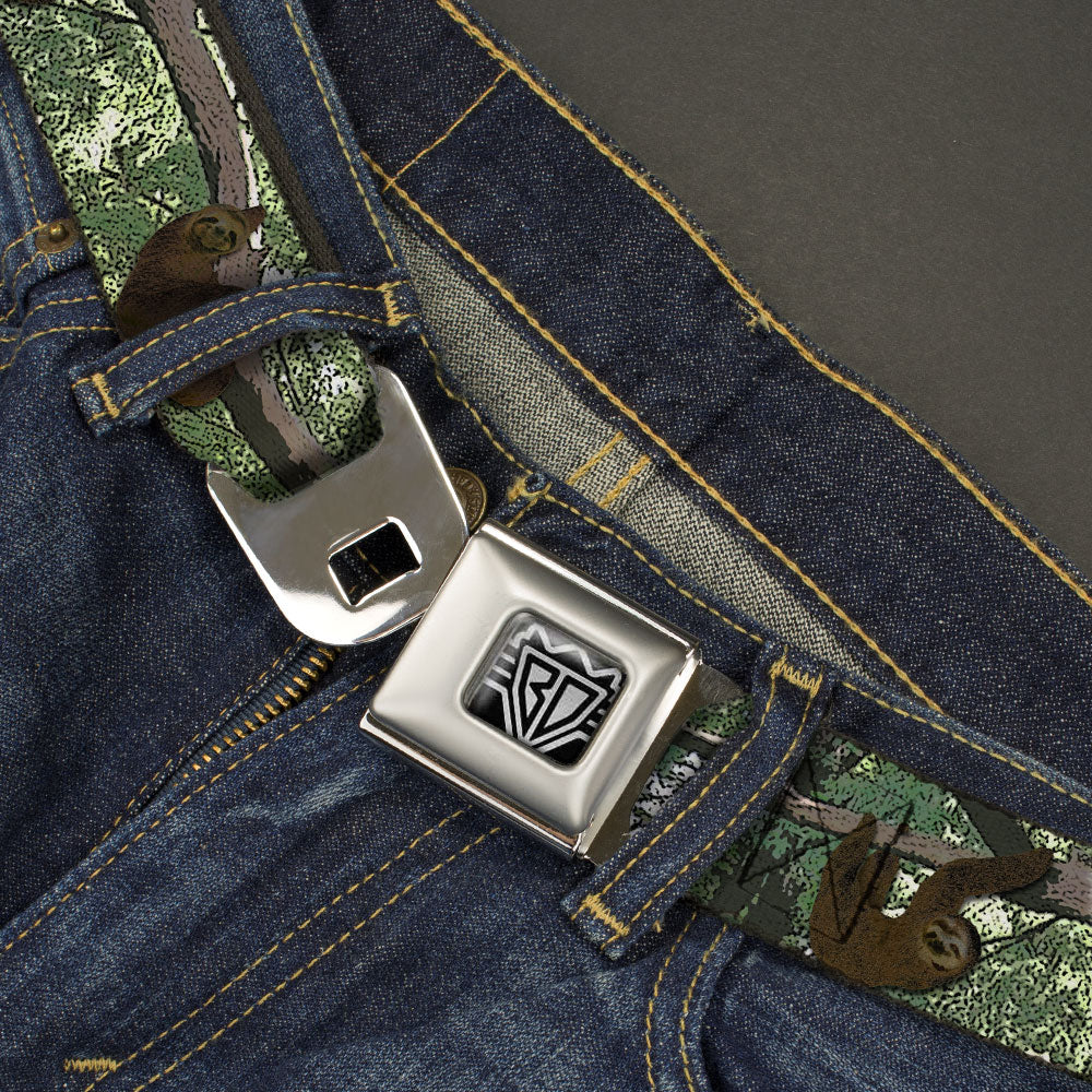 BD Wings Logo CLOSE-UP Full Color Black Silver Seatbelt Belt - Sloth Tree Hanging Posterized Webbing Seatbelt Belts Buckle-Down