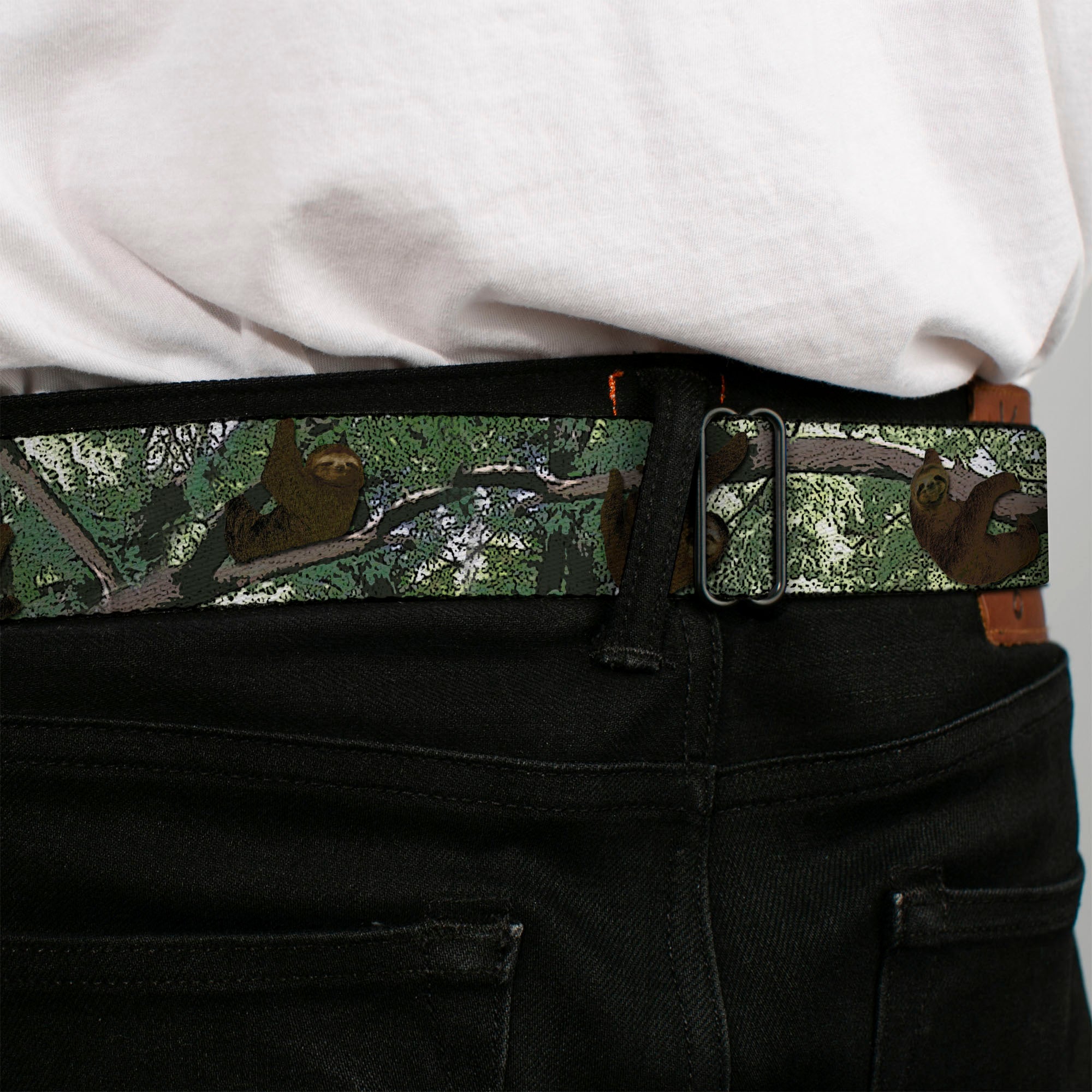 BD Wings Logo CLOSE-UP Full Color Black Silver Seatbelt Belt - Sloth Tree Hanging Posterized Webbing Seatbelt Belts Buckle-Down