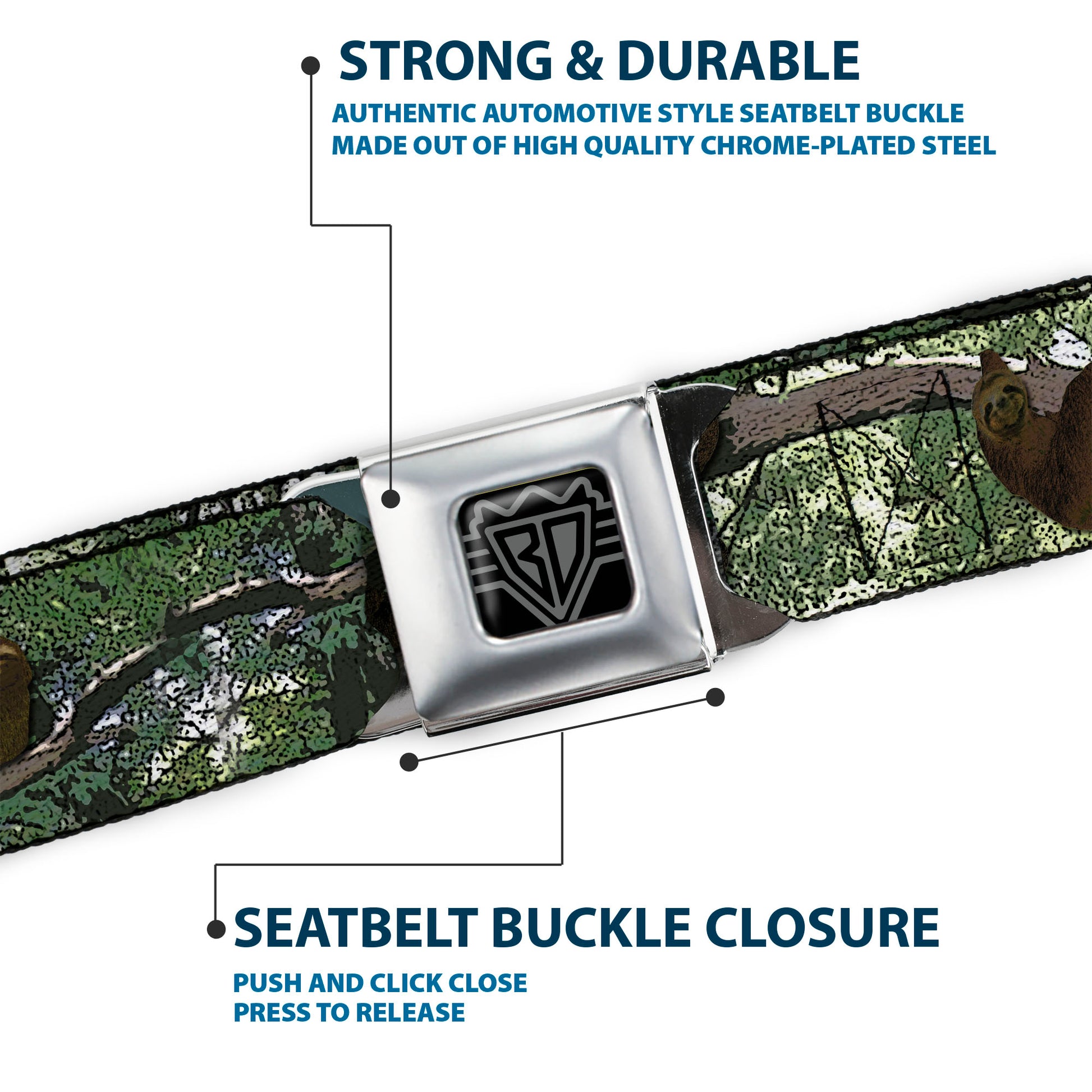 BD Wings Logo CLOSE-UP Full Color Black Silver Seatbelt Belt - Sloth Tree Hanging Posterized Webbing Seatbelt Belts Buckle-Down