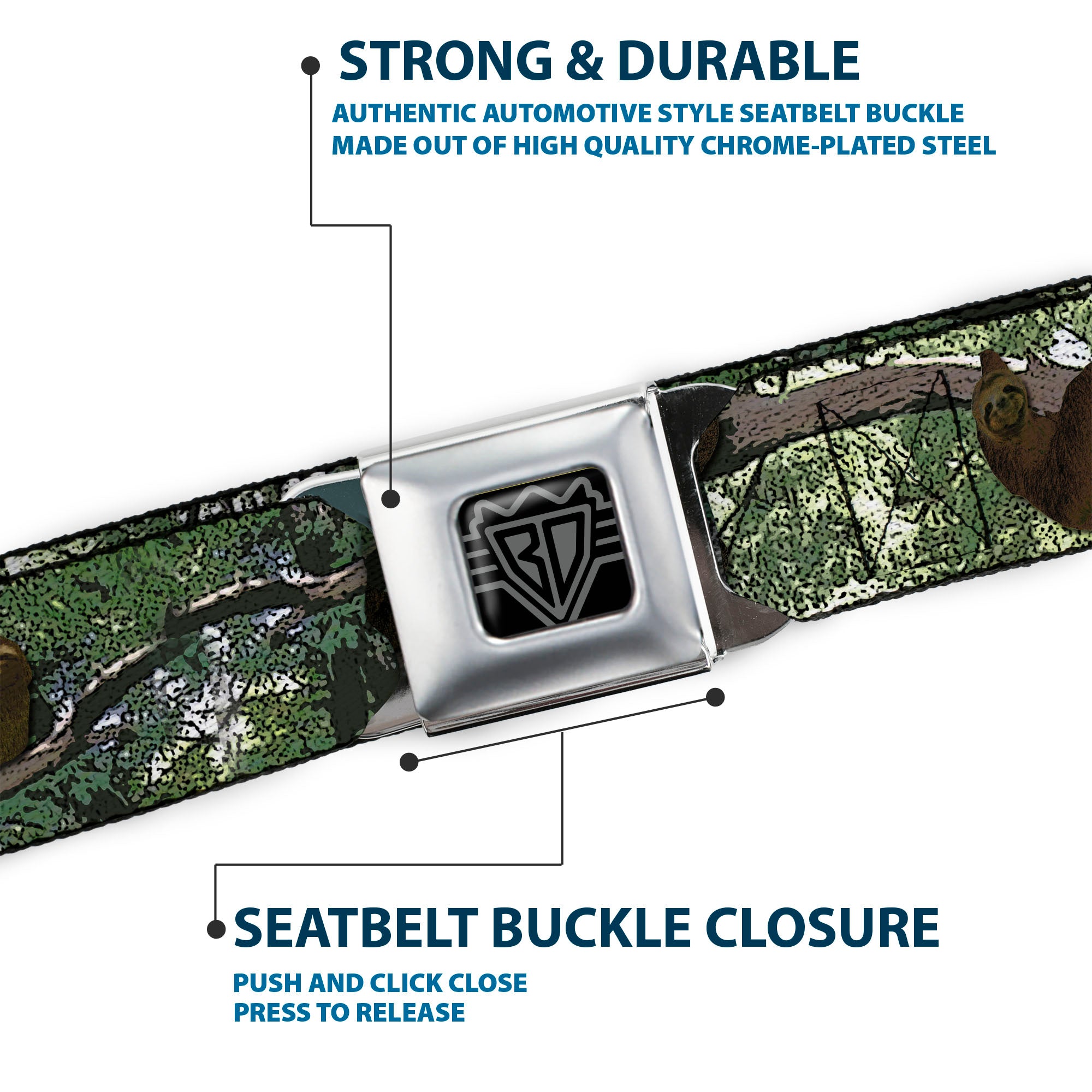 BD Wings Logo CLOSE-UP Full Color Black Silver Seatbelt Belt - Sloth Tree Hanging Posterized Webbing Seatbelt Belts Buckle-Down