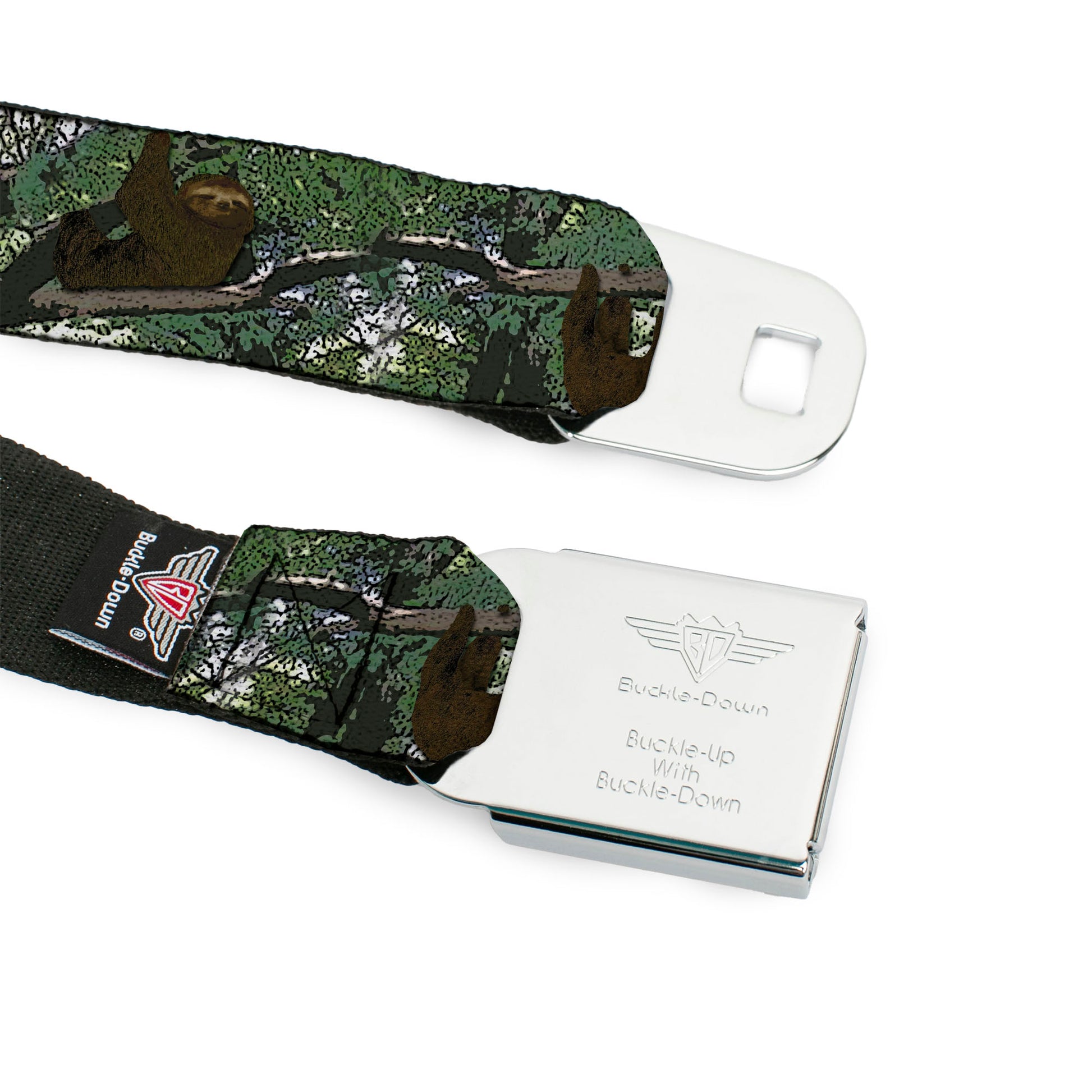 BD Wings Logo CLOSE-UP Full Color Black Silver Seatbelt Belt - Sloth Tree Hanging Posterized Webbing Seatbelt Belts Buckle-Down