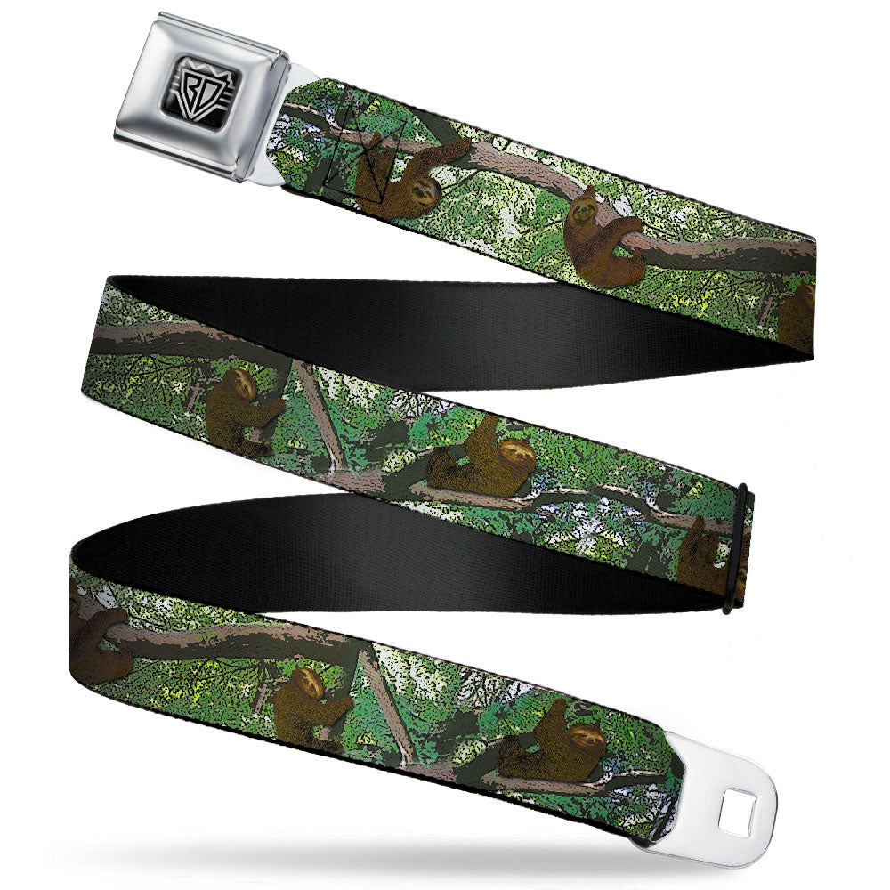 BD Wings Logo CLOSE-UP Full Color Black Silver Seatbelt Belt - Sloth Tree Hanging Posterized Webbing Seatbelt Belts Buckle-Down