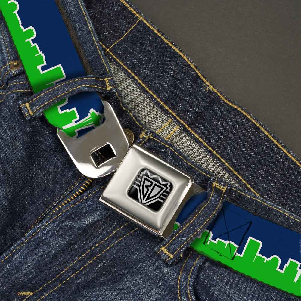 BD Wings Logo CLOSE-UP Full Color Black Silver Seatbelt Belt - Seattle Skyline Navy/Bright Green Webbing Seatbelt Belts Buckle-Down