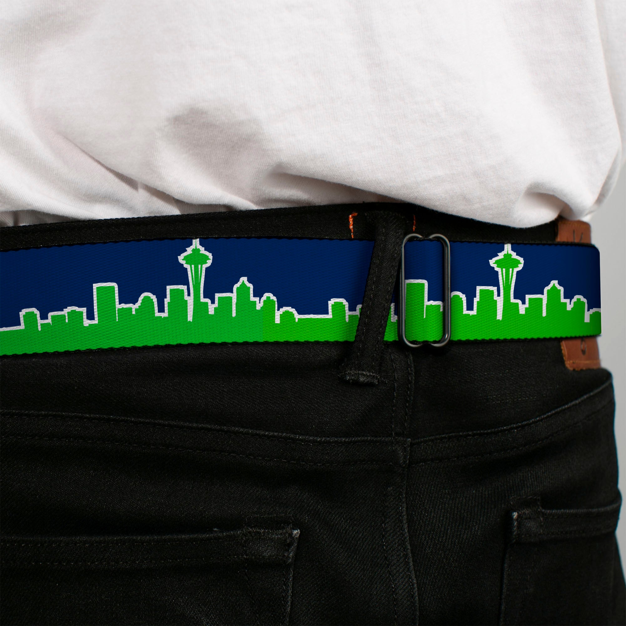 BD Wings Logo CLOSE-UP Full Color Black Silver Seatbelt Belt - Seattle Skyline Navy/Bright Green Webbing Seatbelt Belts Buckle-Down